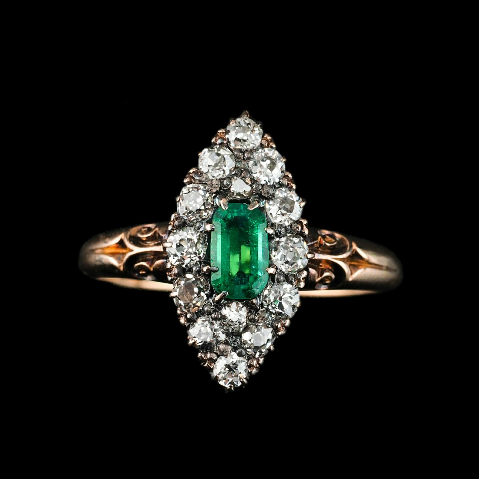 Antique Victorian 18ct Gold Emerald & Diamond Navette Cluster Ring c.1880 (1 of 18)