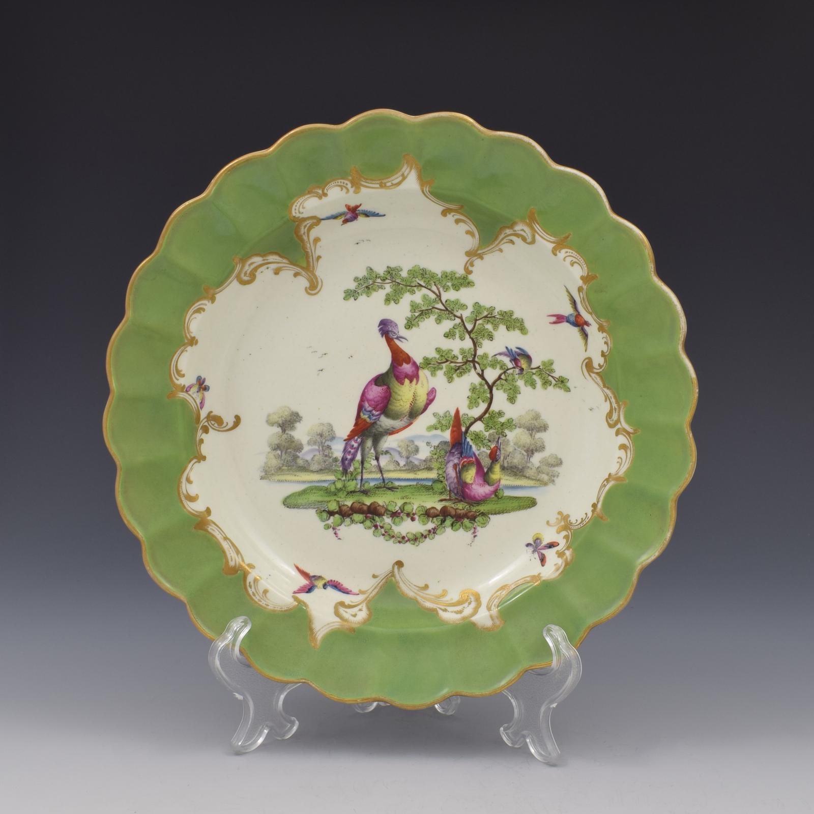 First Period Worcester Porcelain Green Ground & Fancy Birds Dessert Plate c.1770 (1 of 7)