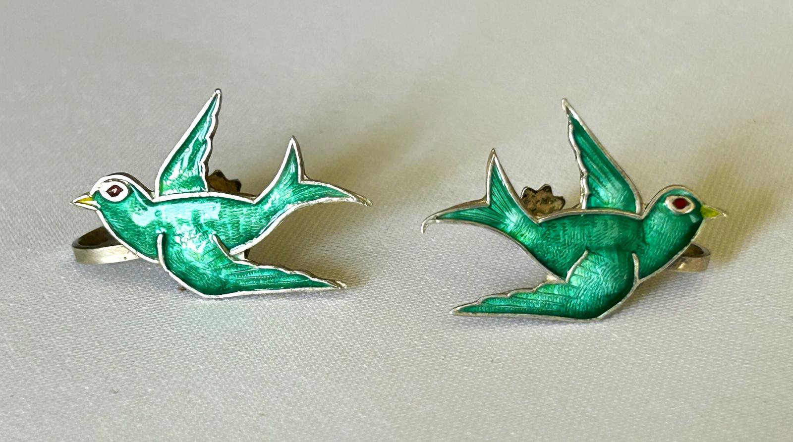 Pair of Edwardian Silver & Enamel Swallow Earrings (1 of 6)