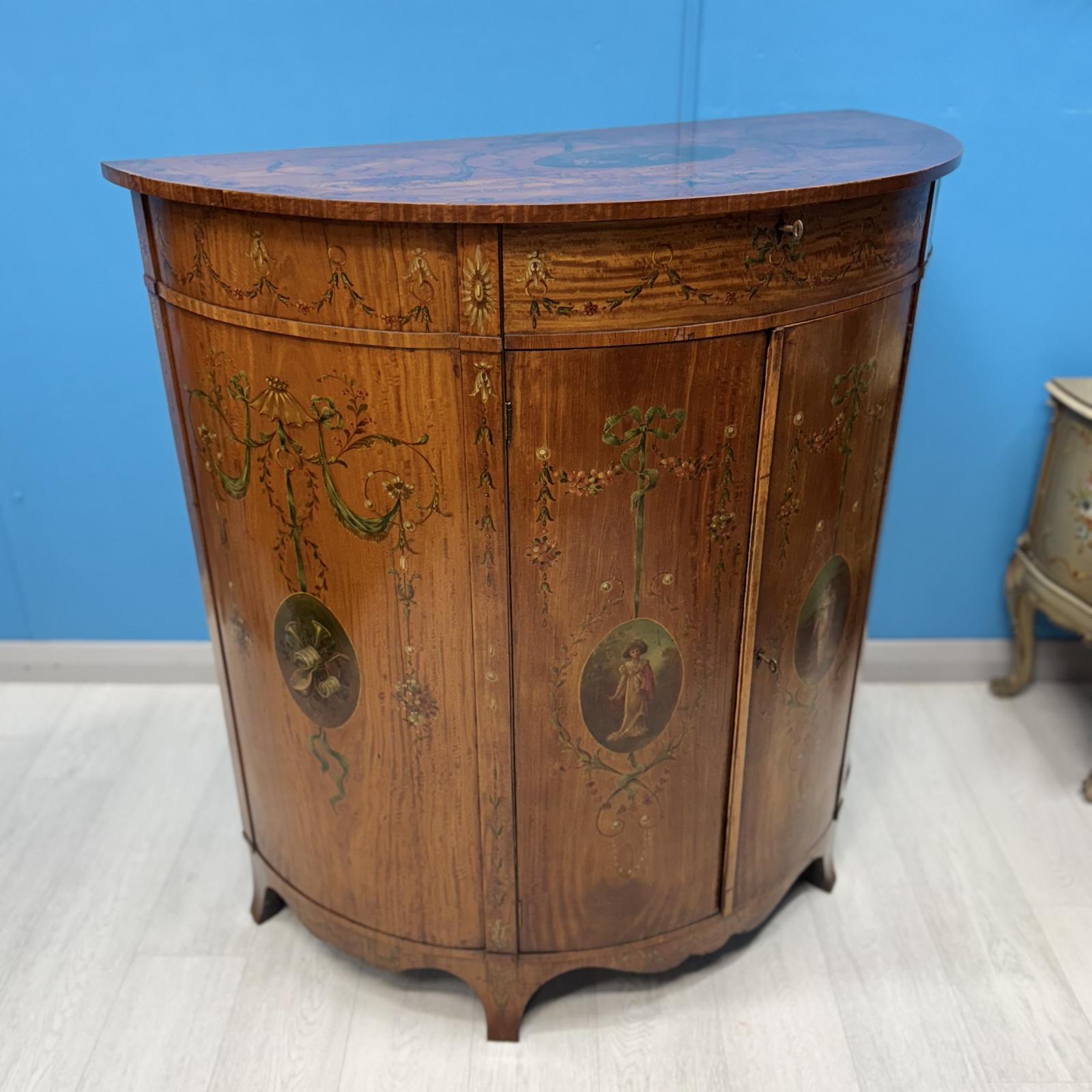 19th Century Decorated Satinwood Demi Lune Cabinet (1 of 10)