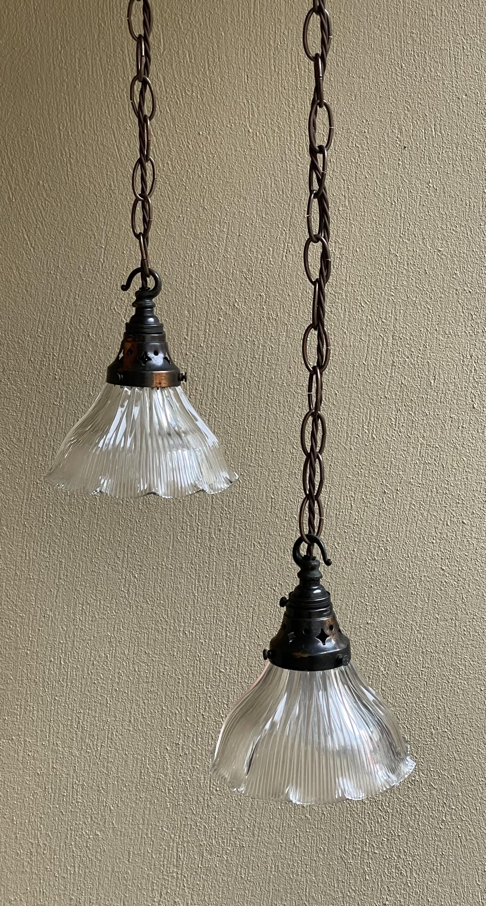 Pair Edwardian Holophane Pendant Lights With Original Galleries (1 of 7)