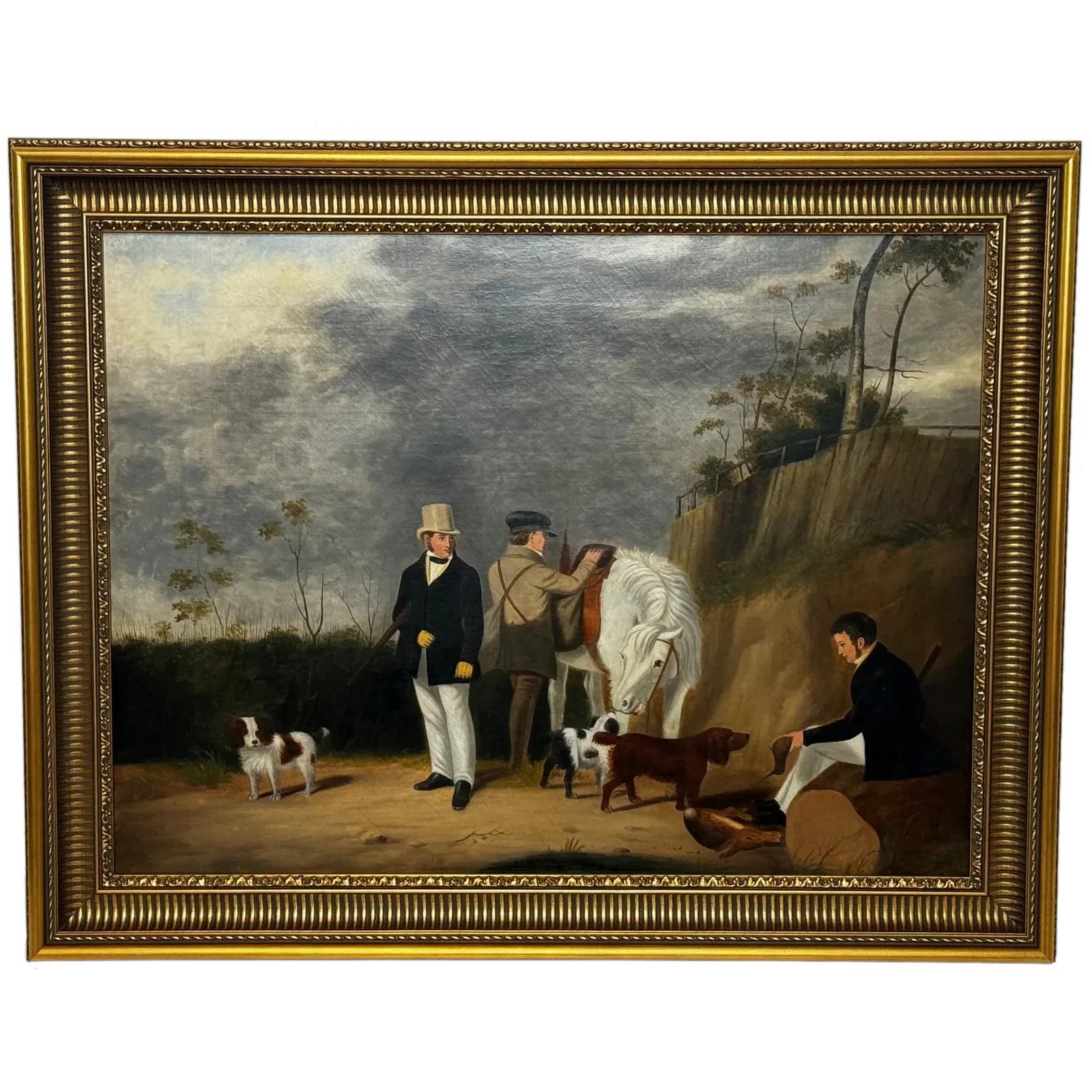 Hunting Party Oil Painting Spaniel Pointer Dogs Lord With Purdey In Grey Top Hat (1 of 49)