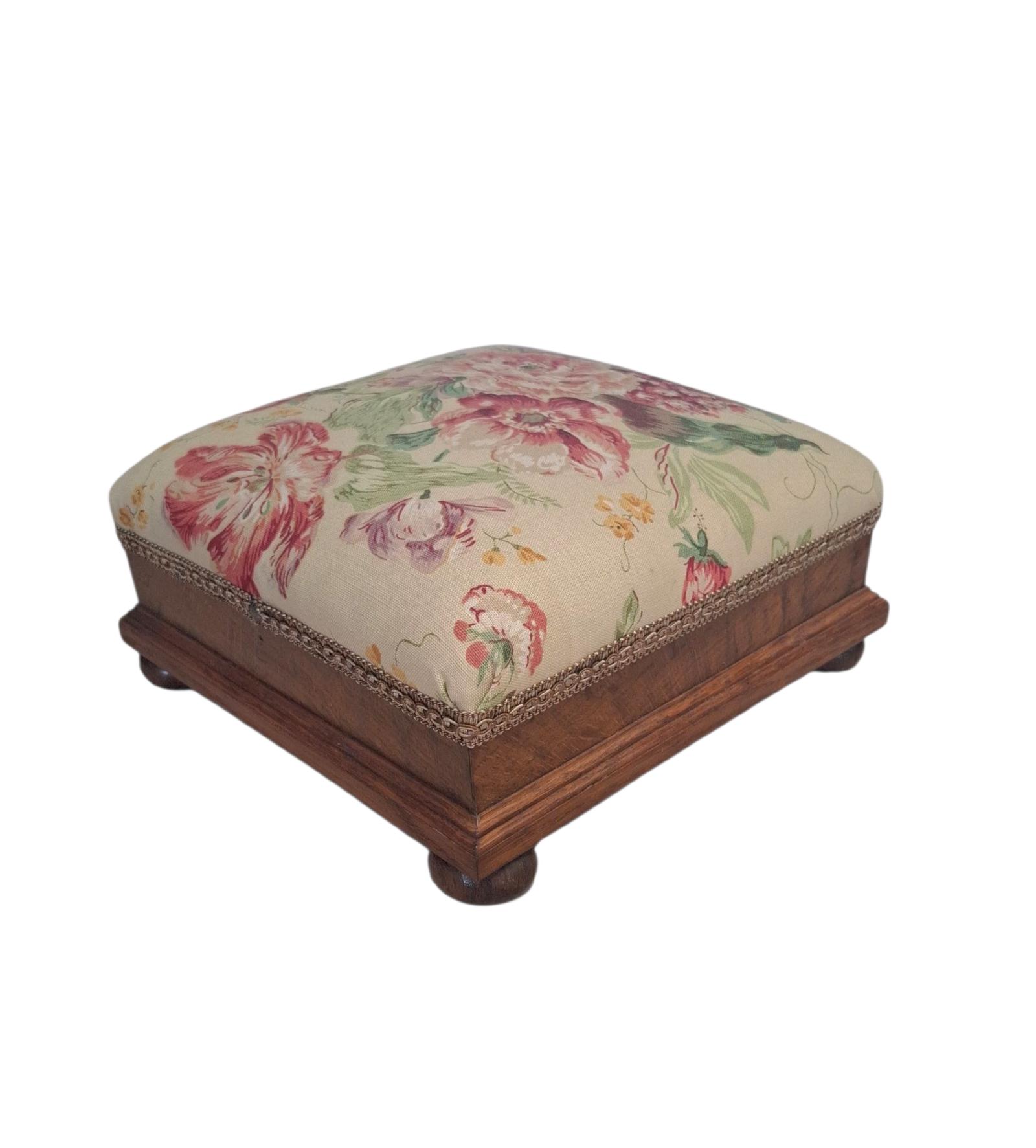 Victorian Square Oak Stool with Floral Upholstery (1 of 3)