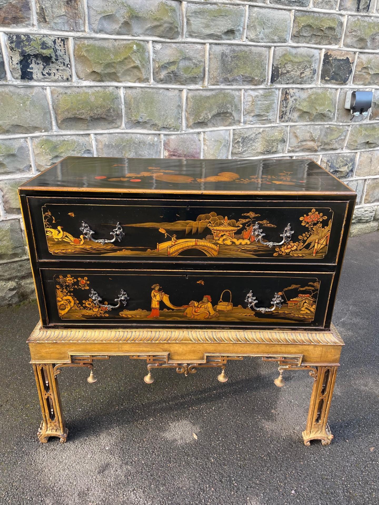 Antique Lacquered Chinoiserie Chest on Stand (1 of 17)