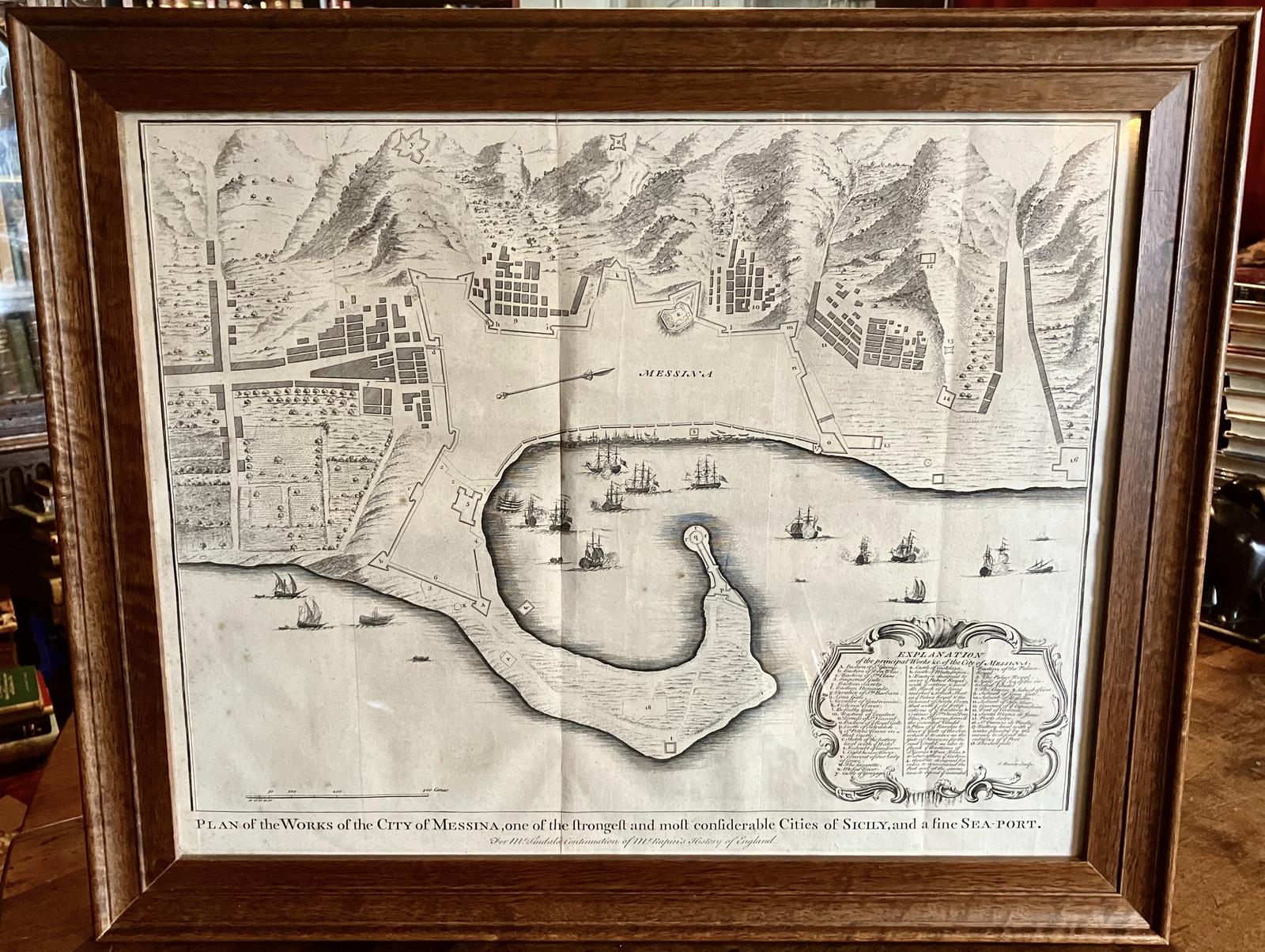 1750 Plan of Messina Sea Port of Sicily Large Antique Engraving in Oak Frame (1 of 3)