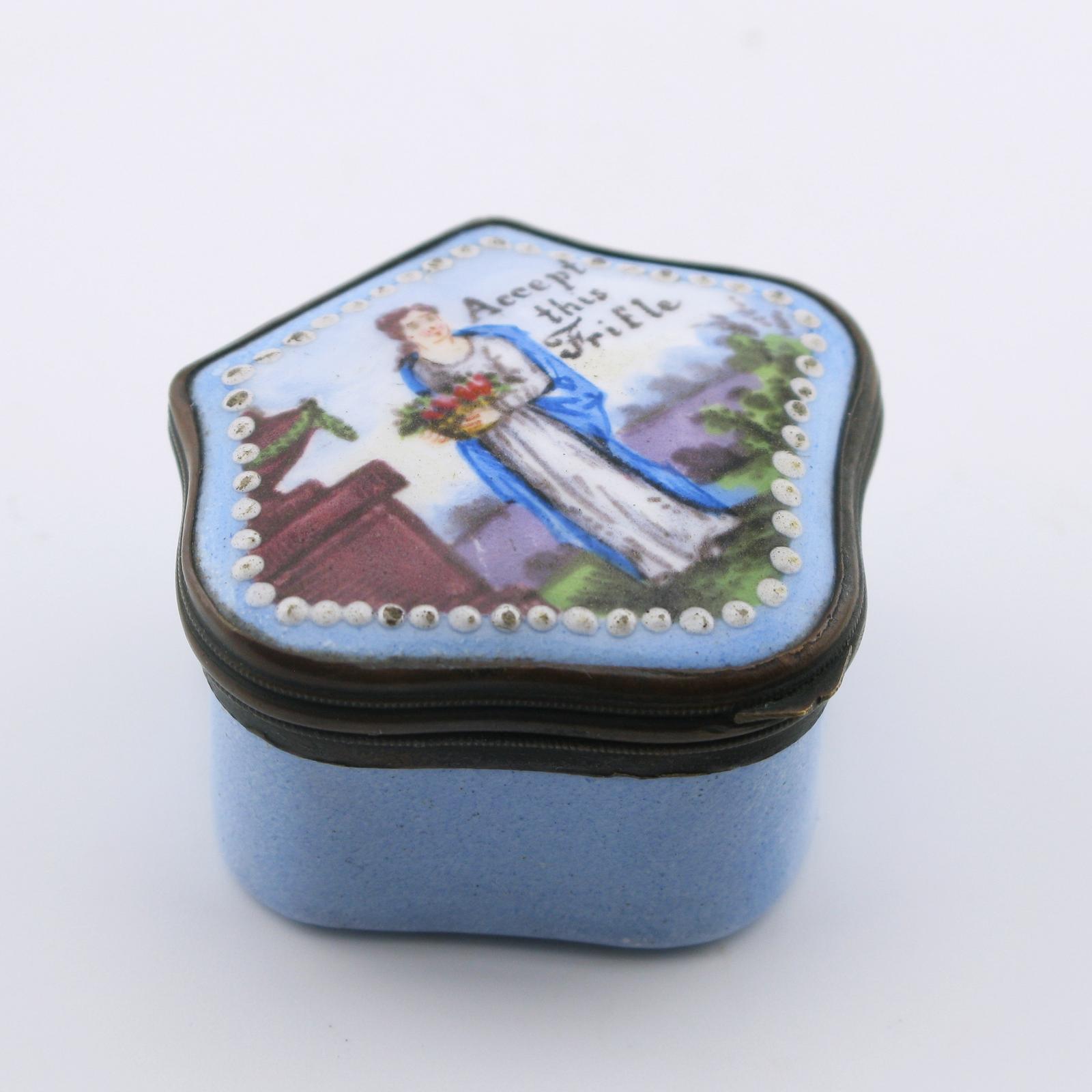19th Century French Enamel Snuff / Pill Box Inscribed “Accept This Trifle” (1 of 9)