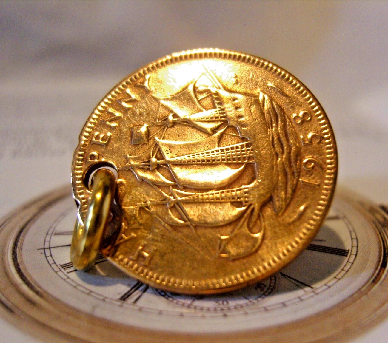 Pocket Watch Chain Coin Fob 1958 Vintage English Half Penny (1 of 8)