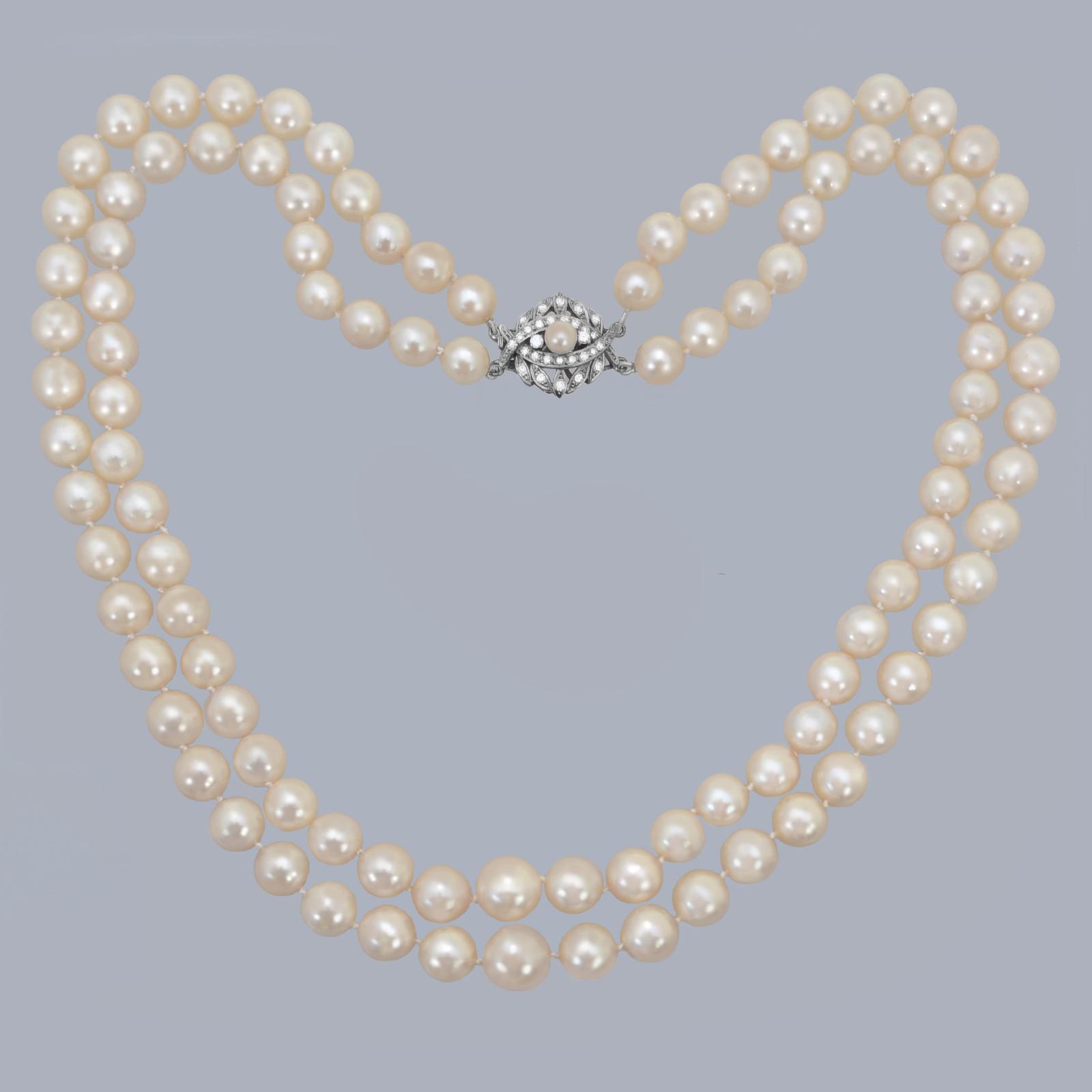 1950s Double Strand Cultured Pearl Necklace with 0.60ct Diamond 9ct White Gold Foliate Clasp (1 of 11) 1950s Double Strand Cultured Pearl Necklace with 0.60ct Diamond 9ct White Gold Foliate Clasp (1 of 11)
