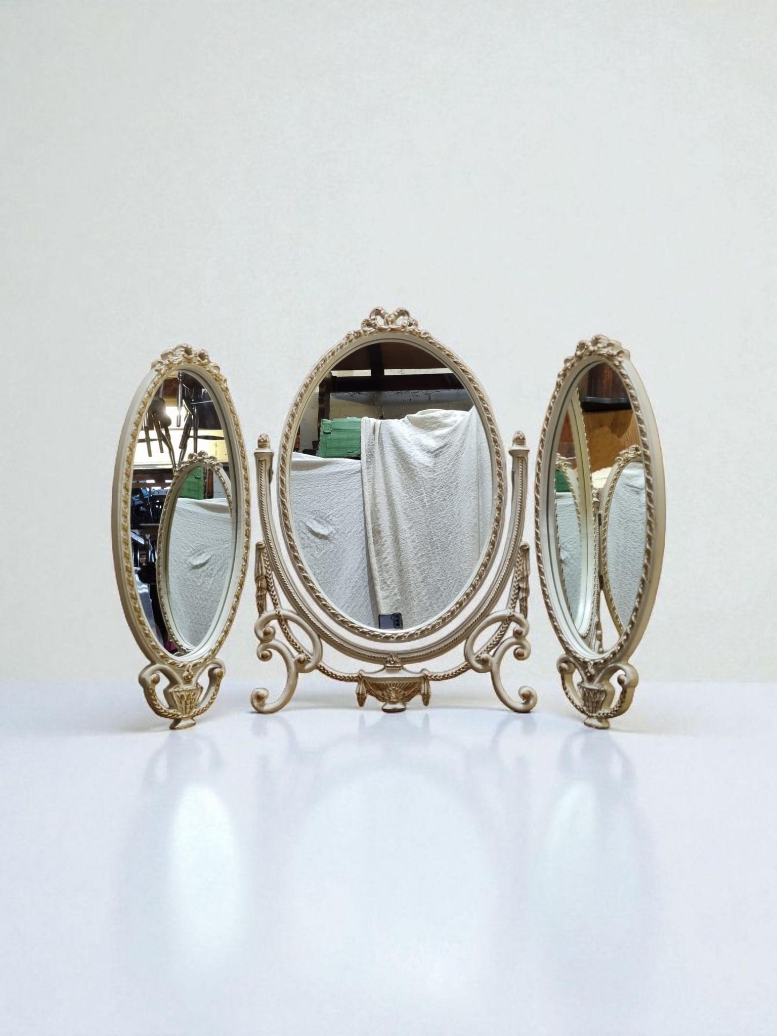 Vintage French Style Triple Dressing Table Mirror / Ivory & Gold c.1970 (1 of 9)