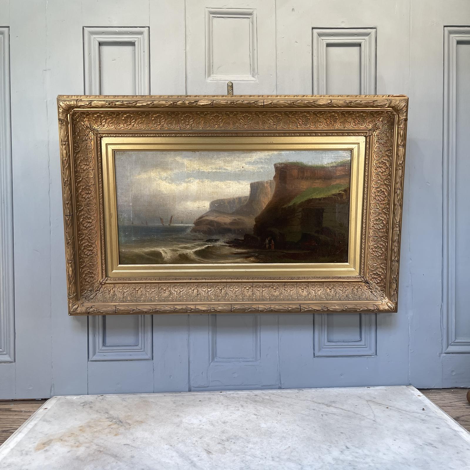 Large Antique Coastal Landscape of Figures on Beach and Sailing Boats (1 of 2) (1 of 12)