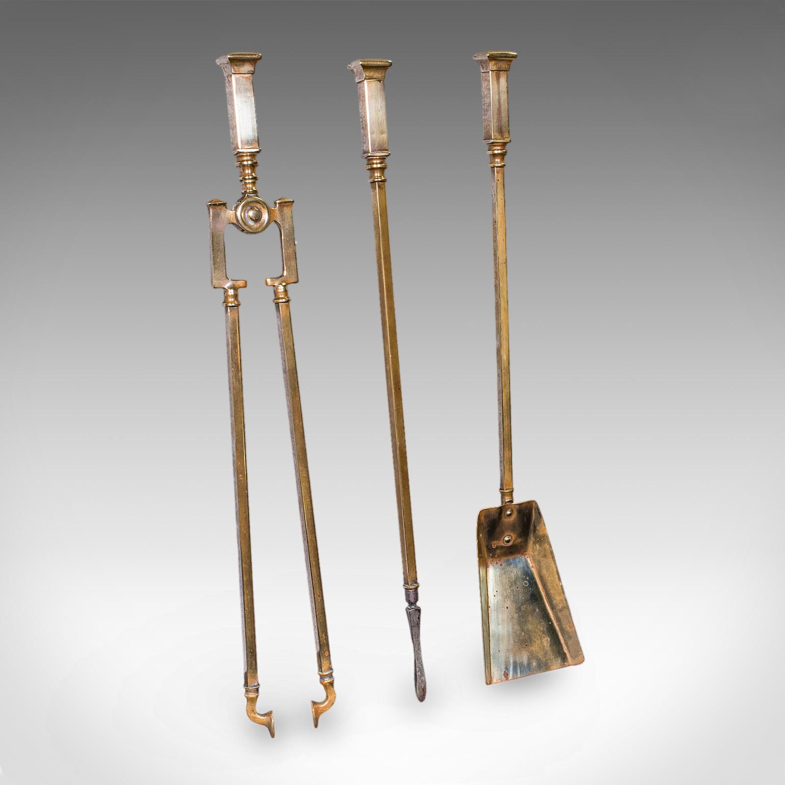 Trio of Antique Fireside Tools, English, Brass, Poker, Tongs, Shovel c.1900 (1 of 12) Trio of Antique Fireside Tools, English, Brass, Poker, Tongs, Shovel c.1900 (1 of 12)