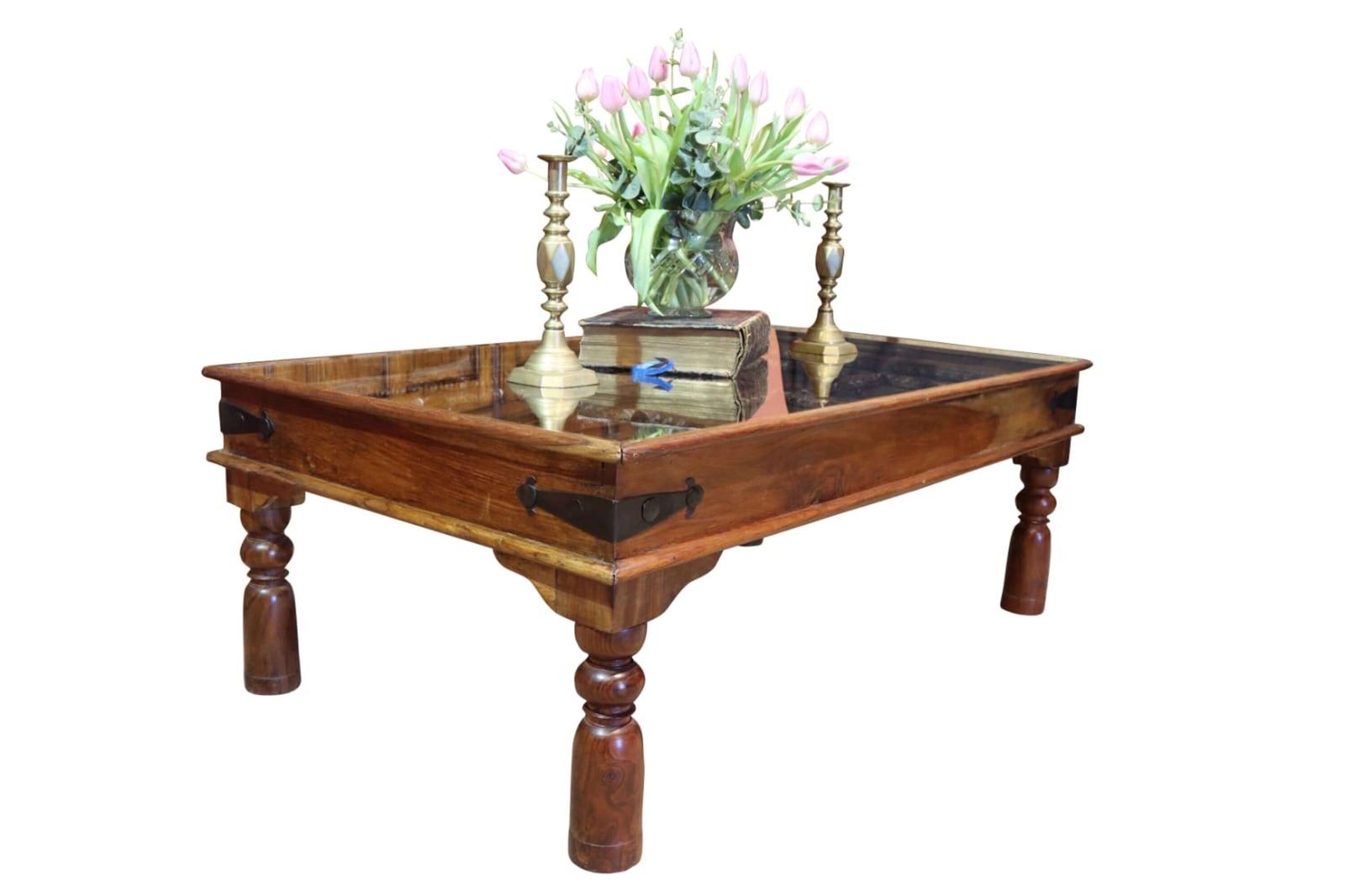 18th Century Indian Teak & Metal Panel Door Coffee Table with Glass Top (1 of 10)