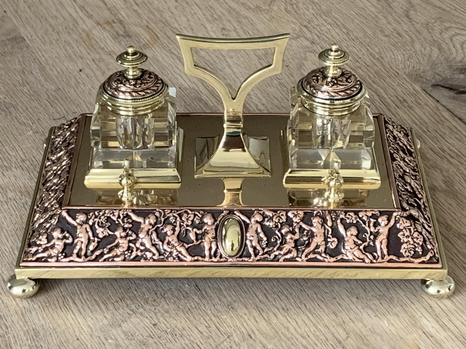 Fine 19th Century Neoclassical Brass & Copper Standish Twin Inkwells c.1880 (1 of 9)