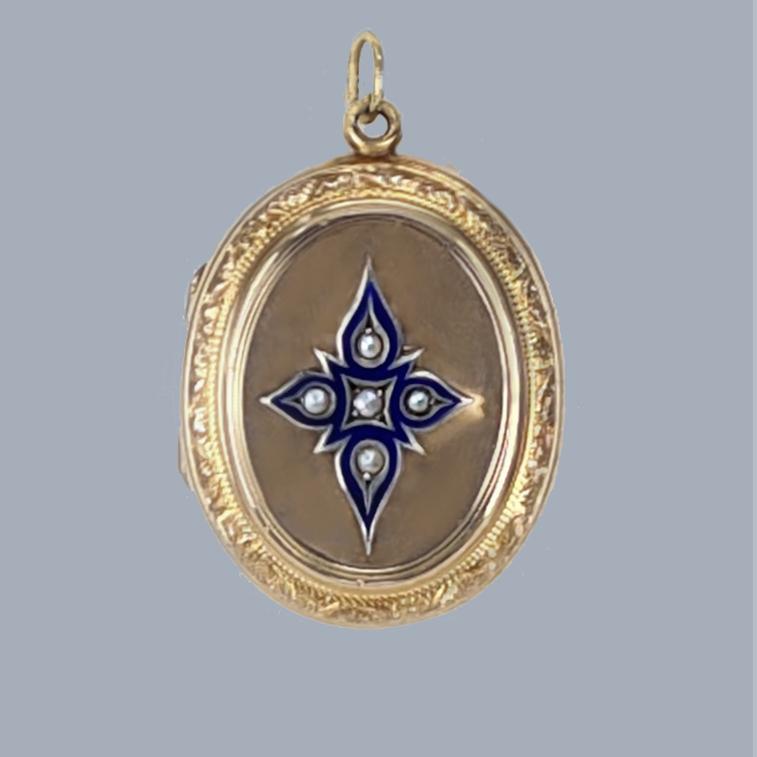 Victorian 9ct Gold Locket Blue Enamel Pearl Star Motive Antique Foliate c.1880 - Boxed (1 of 9)