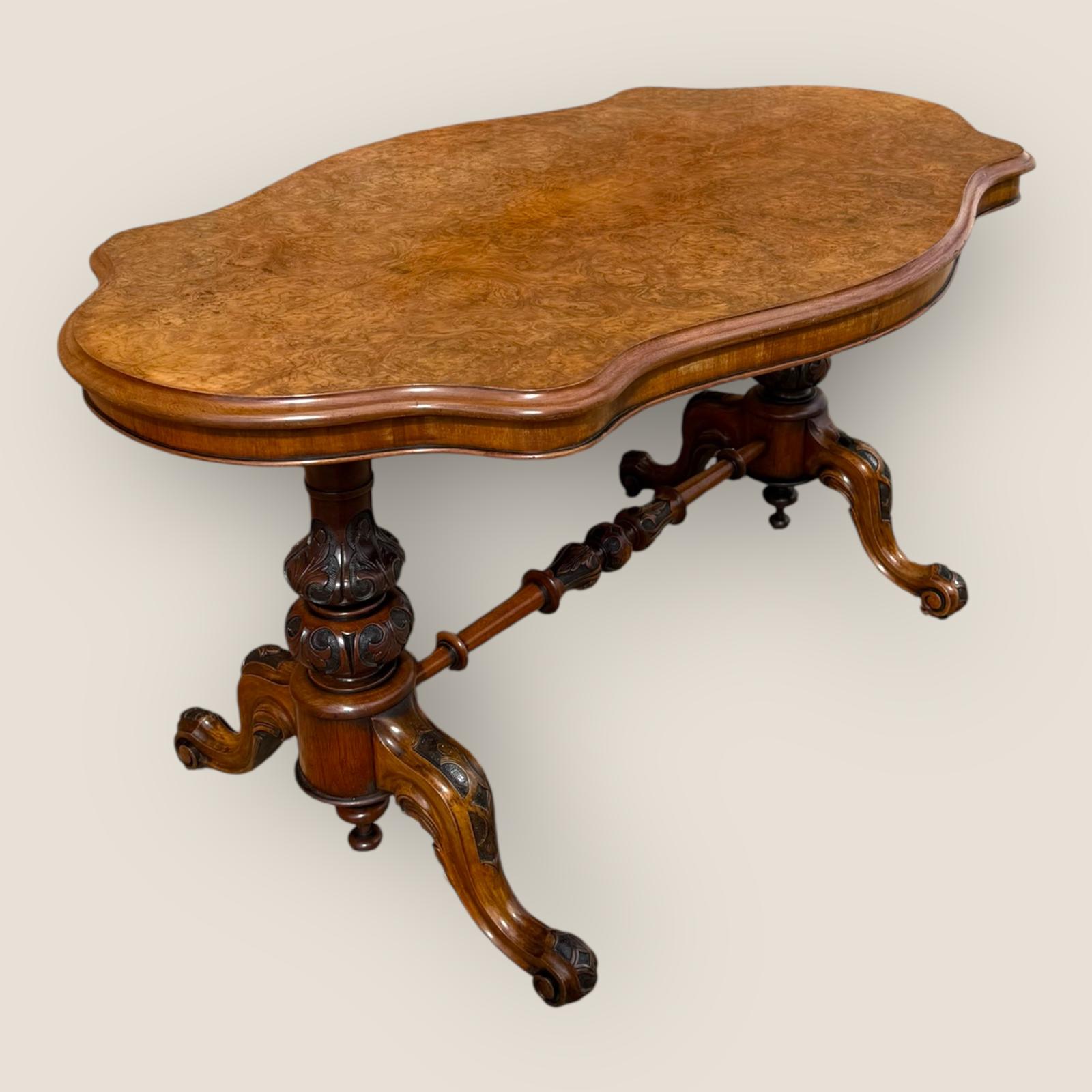 Antique Victorian Burr Walnut Serpentine Shaped Carved Stretcher Centre Table (1 of 12)