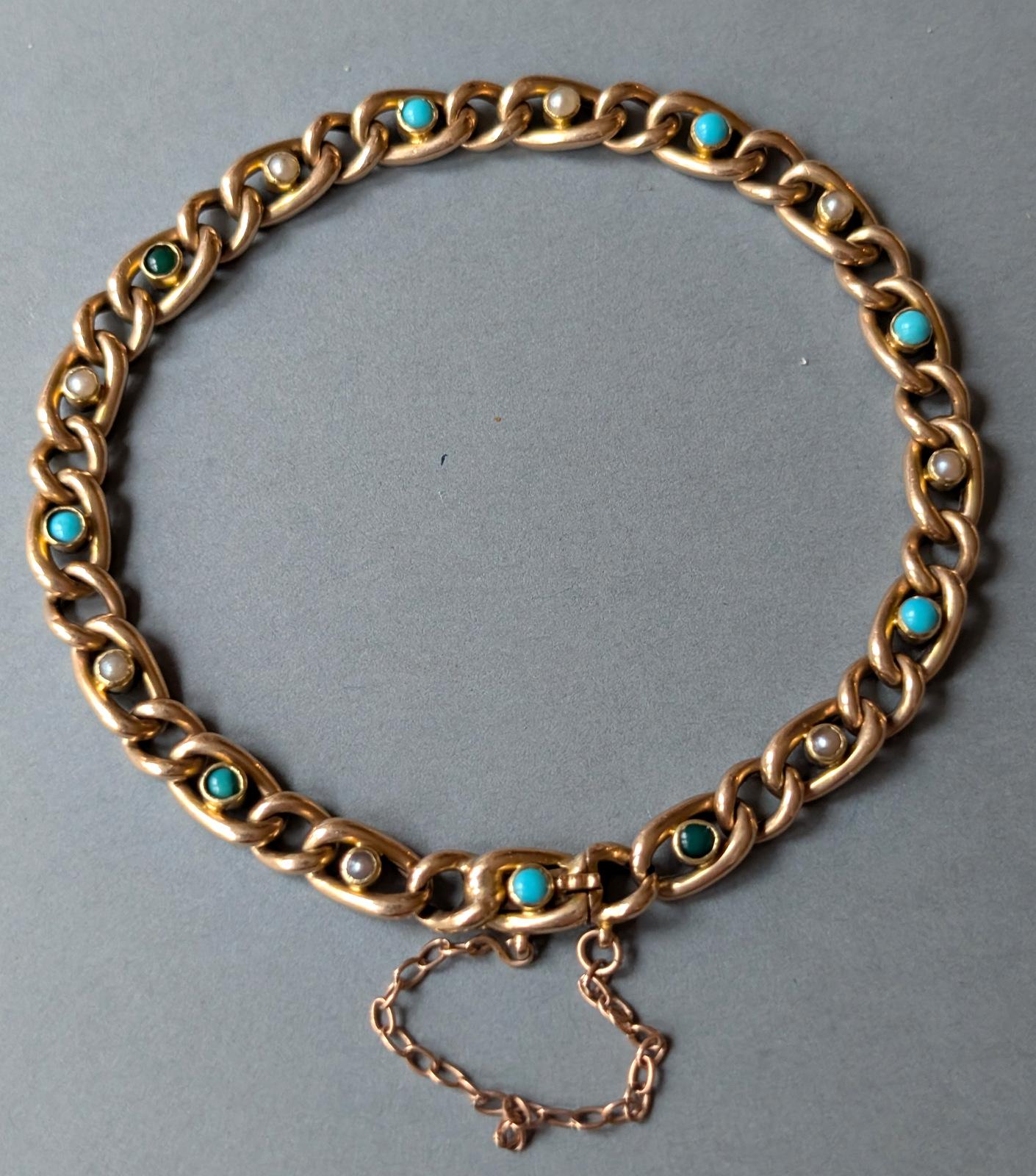 Victorian 15ct Gold Turquoise Pearl Chain Bracelet (1 of 10) Victorian 15ct Gold Turquoise Pearl Chain Bracelet (1 of 10)