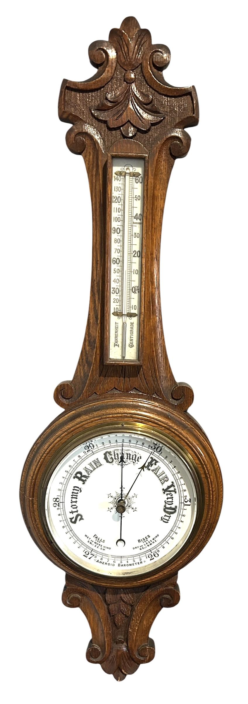 Antique Oak Banjo Barometer Thermometer ca.1900 (1 of 12) Antique Oak Banjo Barometer Thermometer ca.1900 (1 of 12)