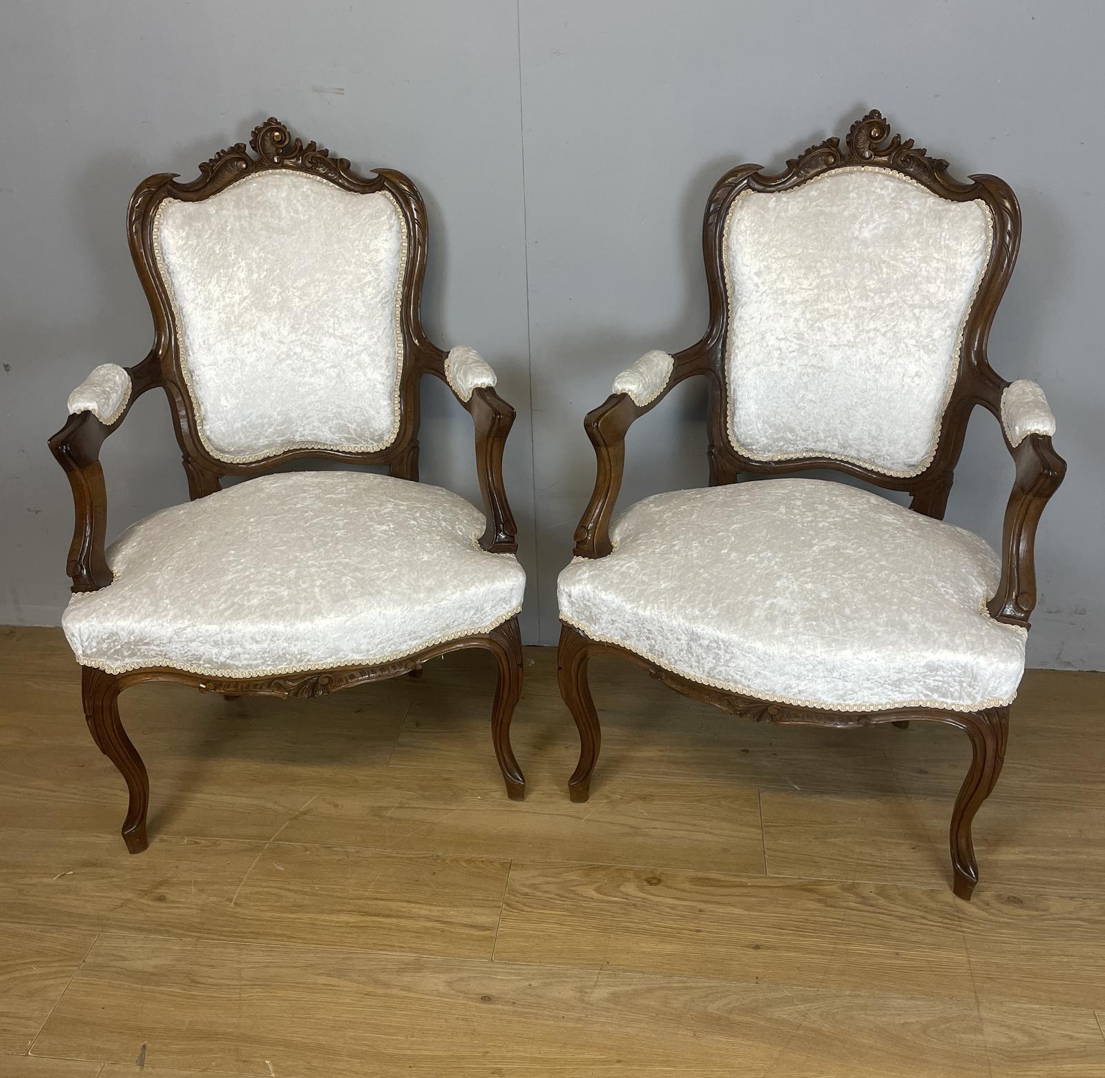 Pair of French Carved Walnut Open Armchairs c.1910 (1 of 13)