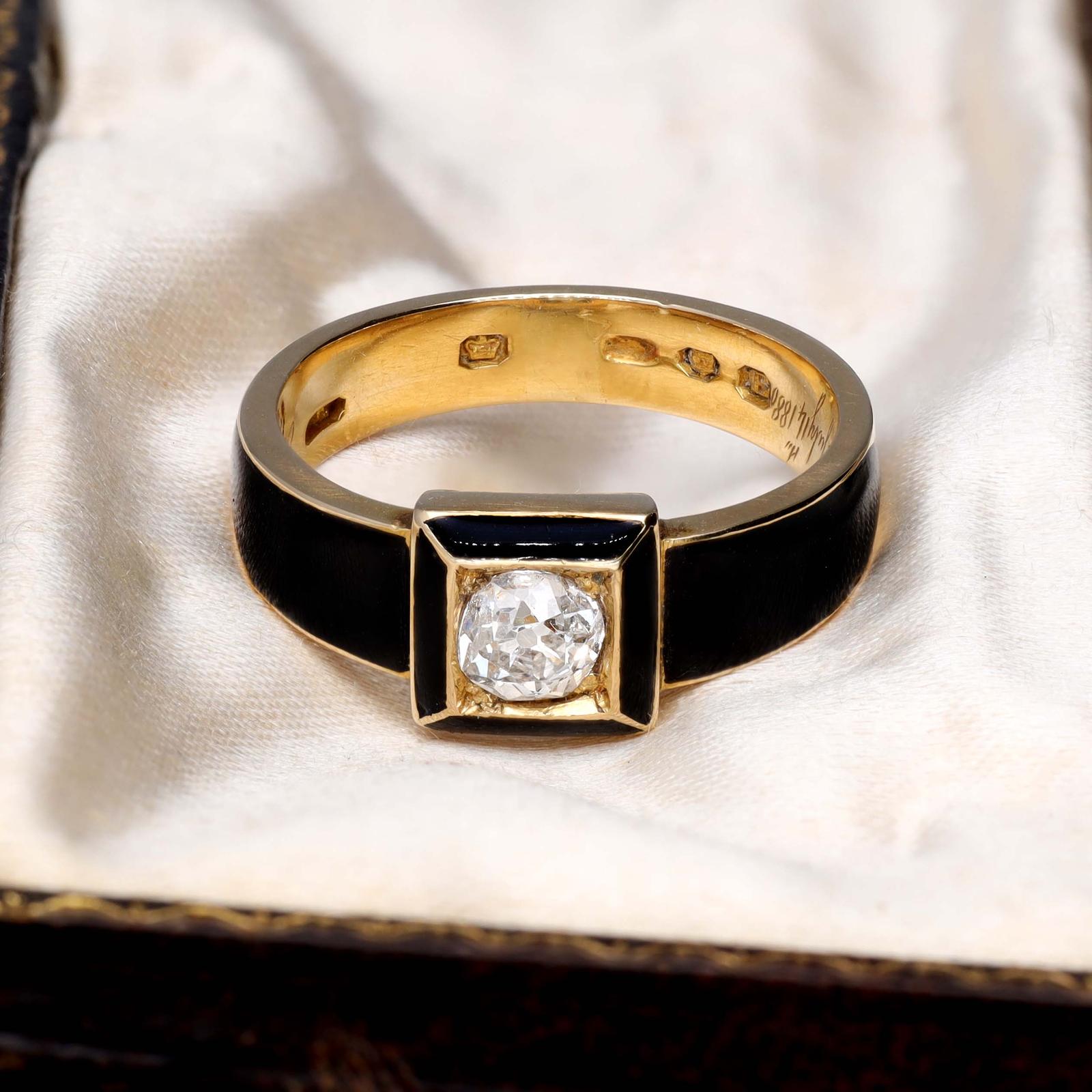 The Antique Black Enamel & Cushion Cut Diamond Mourning Ring (1 of 6)