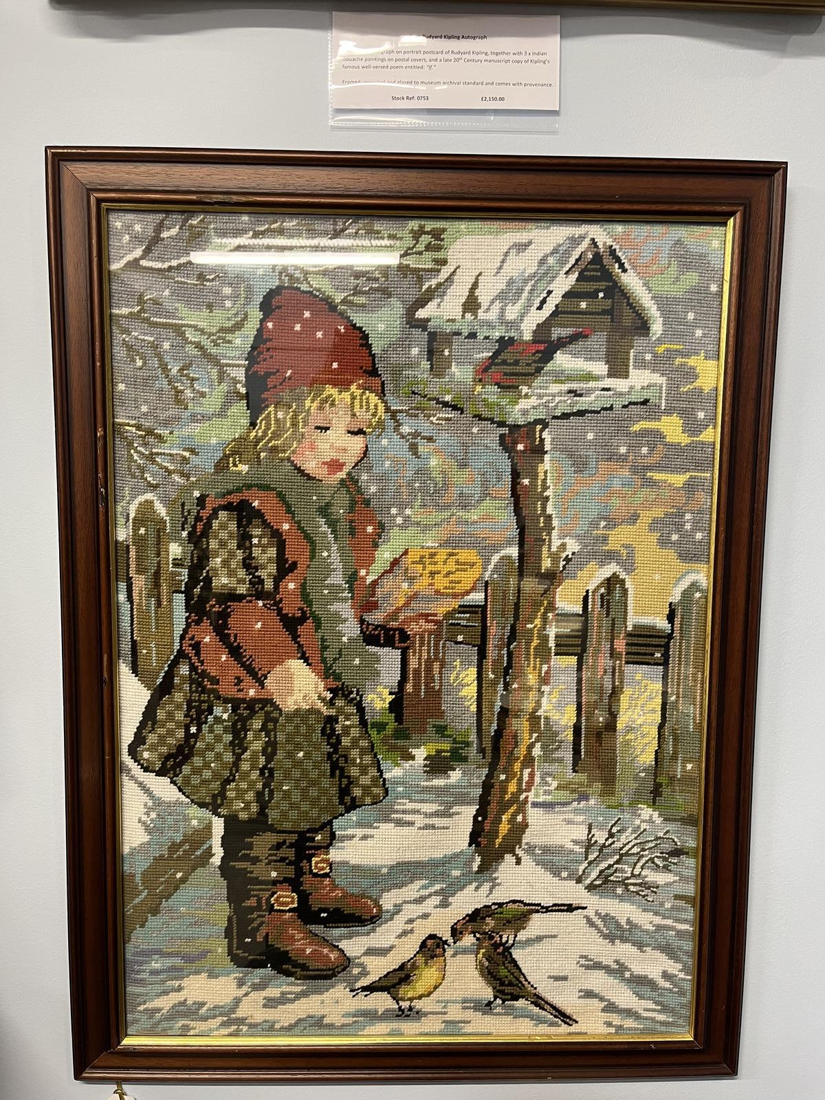 Framed Hand-Stitched Tapestry of Girl Feeding Birds Winter Scene (1 of 1) Framed Hand-Stitched Tapestry of Girl Feeding Birds Winter Scene (1 of 1)