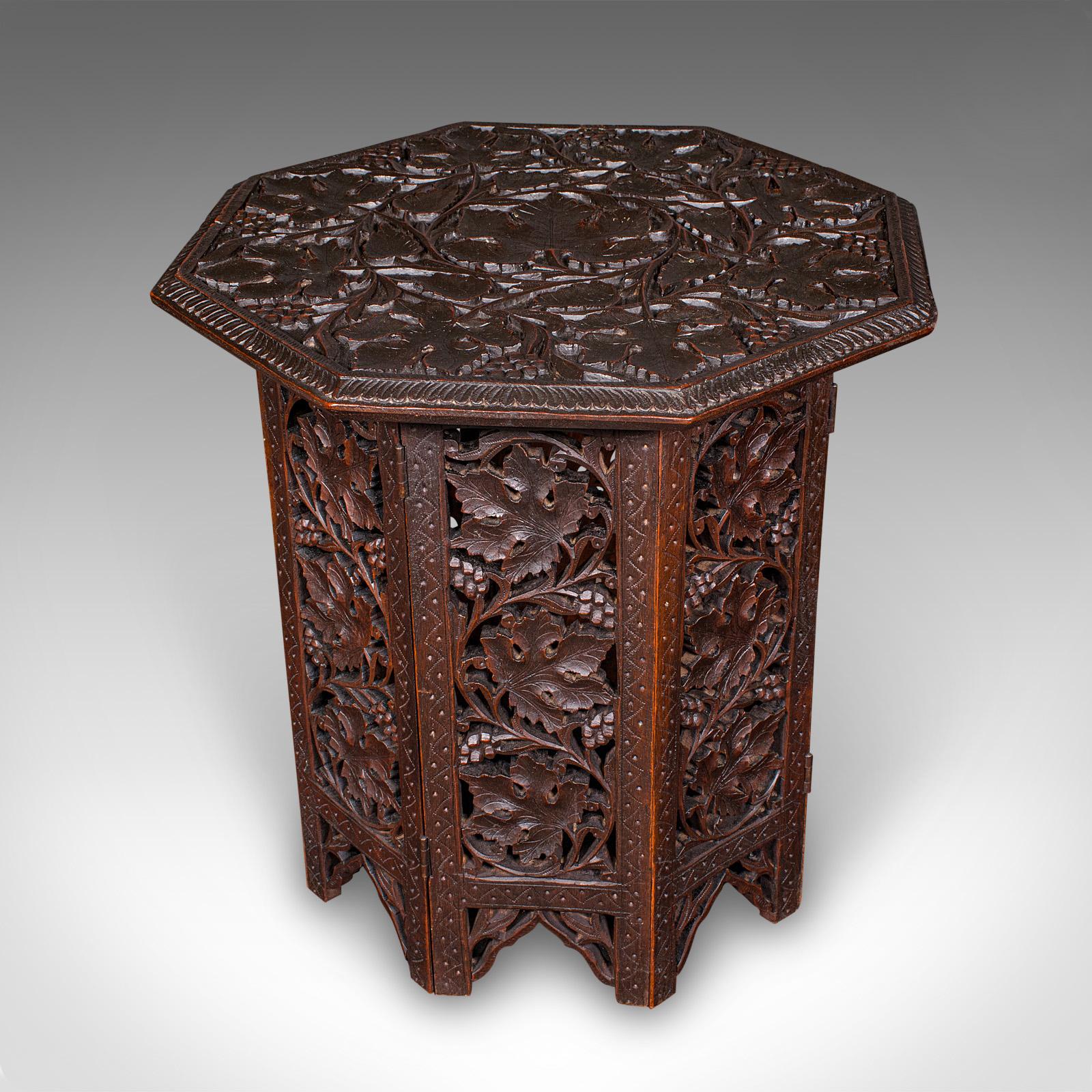Small Antique Campaign Tea Table, Anglo-Indian, Relief Carved Teak c.1900 (1 of 10)