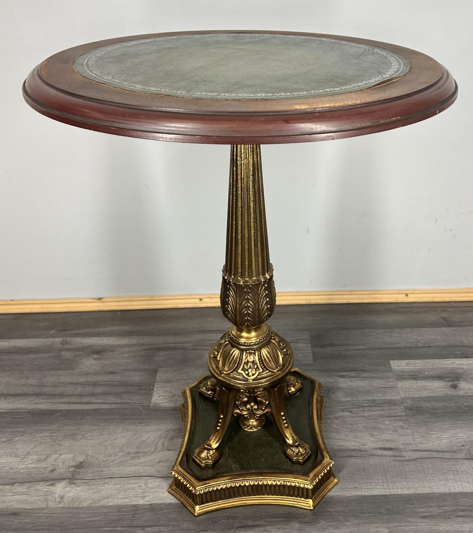 Vintage French Plant Stand Carved Green Leather Brass Base Table (LOT 3895) (1 of 8)