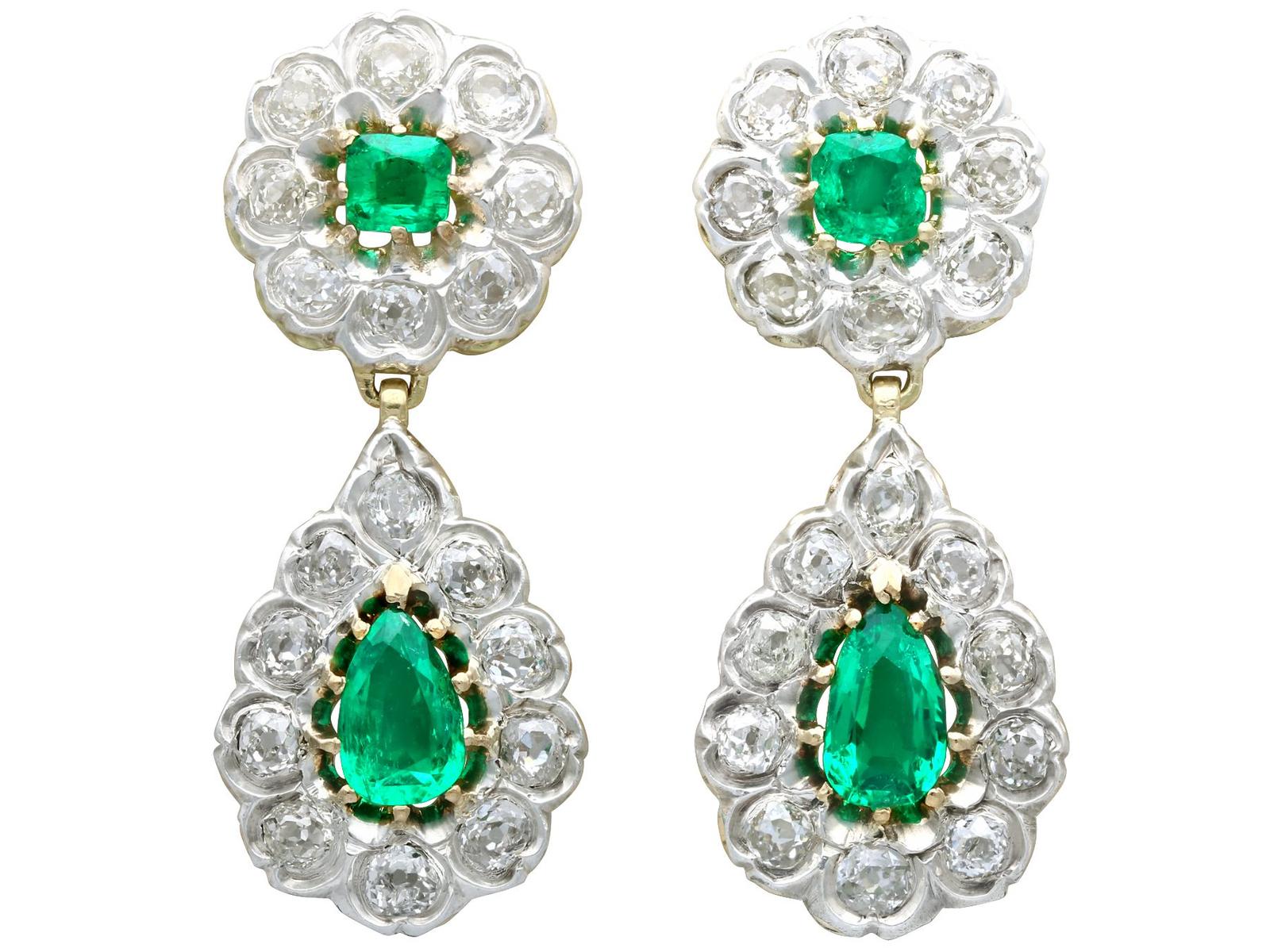 Antique Victorian 3.18ct Emerald & 3.23ct Diamond 12ct Yellow Gold Drop Earrings (1 of 11)