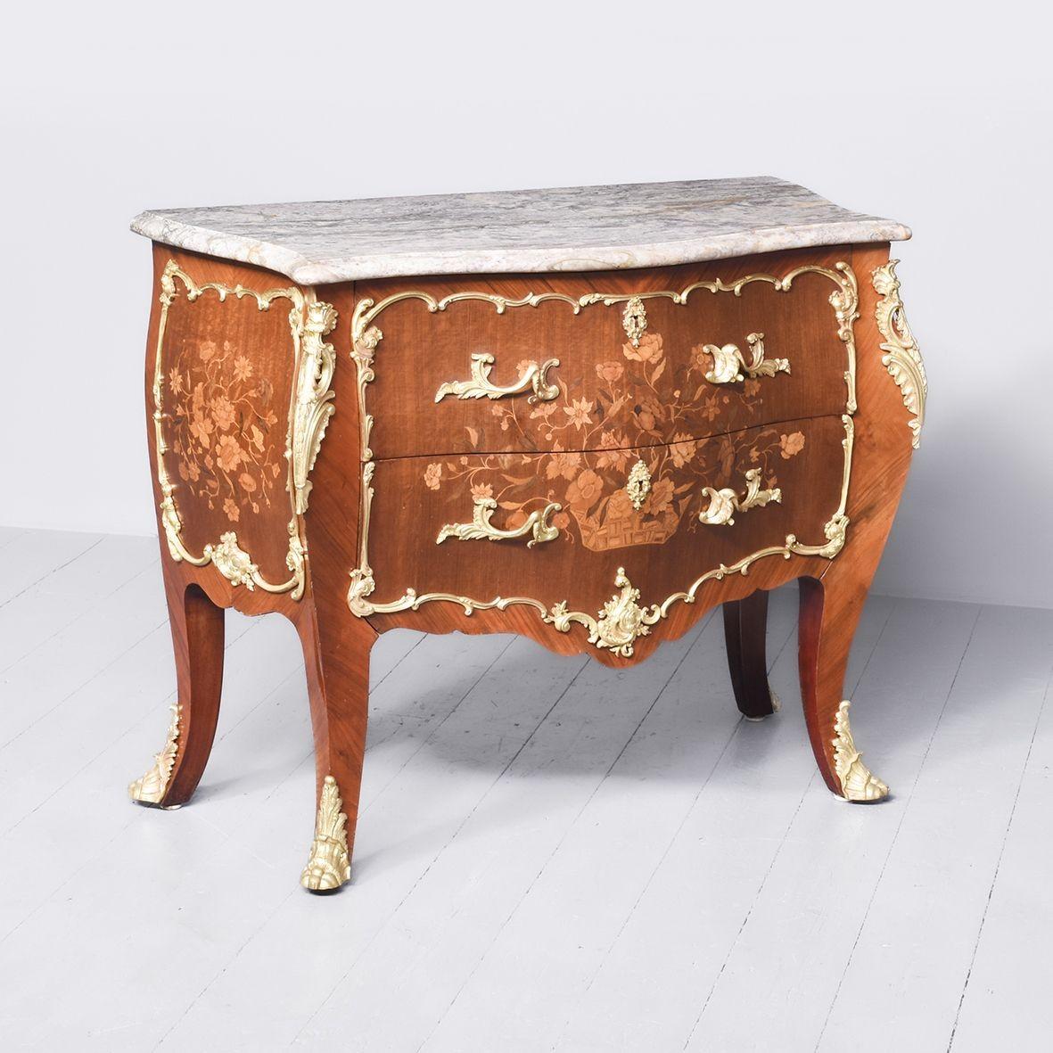 Quality Louis XIV Style Marquetry Inlaid Mahogany Marble Top French Commode (1 of 11)
