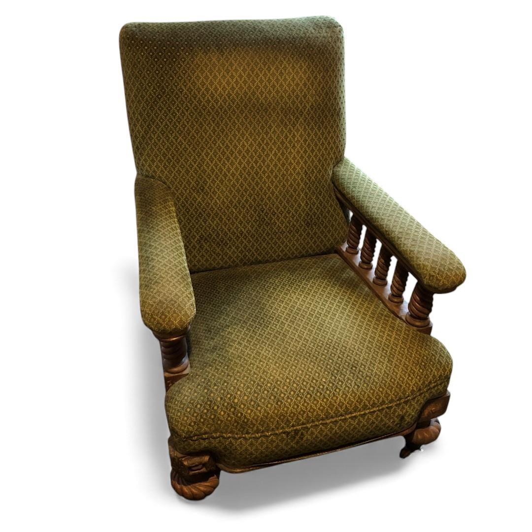 Antique Oak Framed Library Armchair with Green Upholstery (1 of 17)