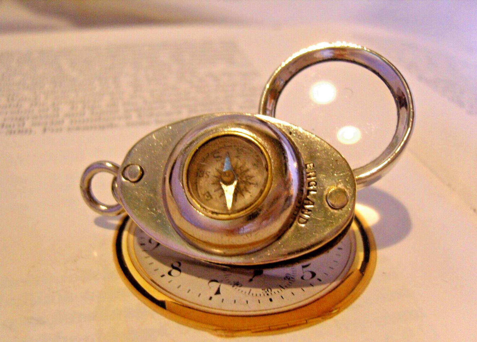 1920s Magnifying Glass & Compass Pocket Watch Chain Antique English Swivel Fob (1 of 15)