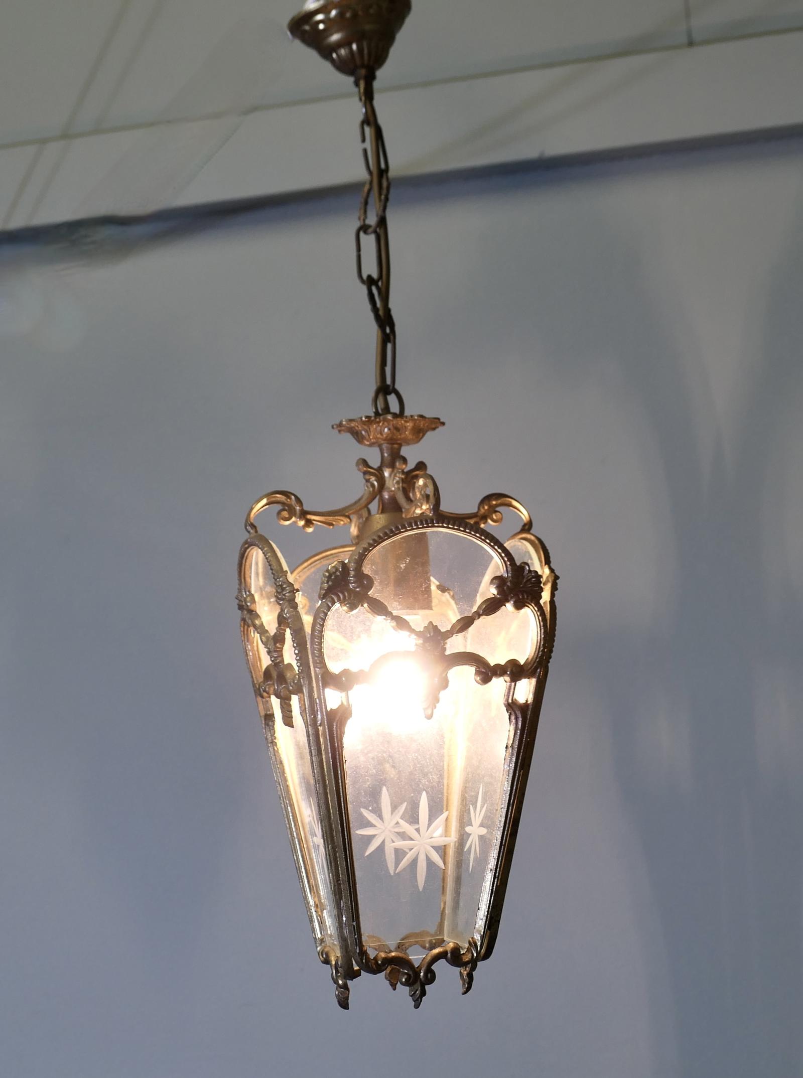 French Rococo Style Brass and Etched Glass Lantern Hall Light (1 of 6)