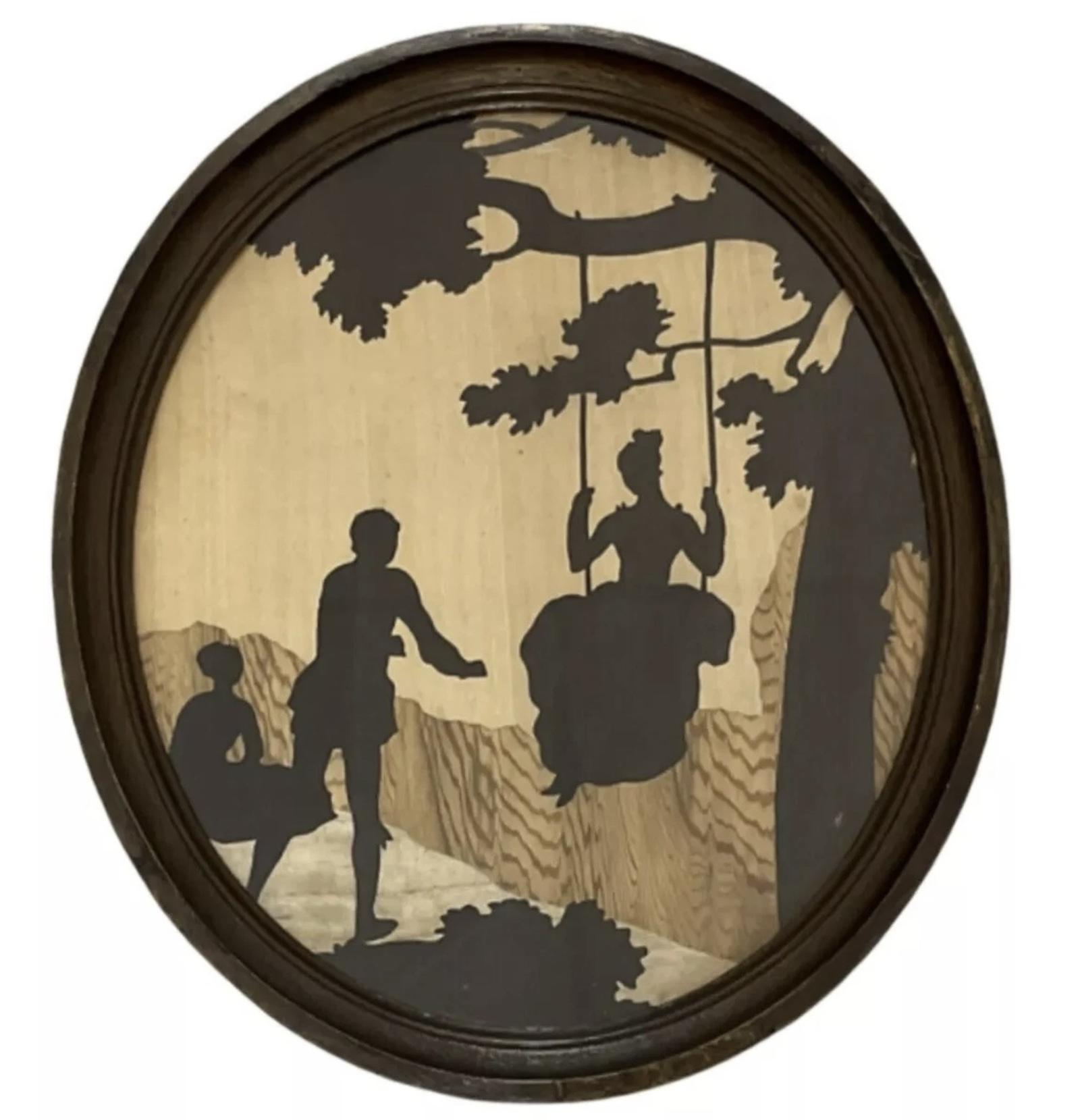 Arts & Crafts Rowley Gallery Oval Marquetry Panel of Lady, Lover & Chaperone Antique c.1900 (1 of 4) Arts & Crafts Rowley Gallery Oval Marquetry Panel of Lady, Lover & Chaperone Antique c.1900 (1 of 4)