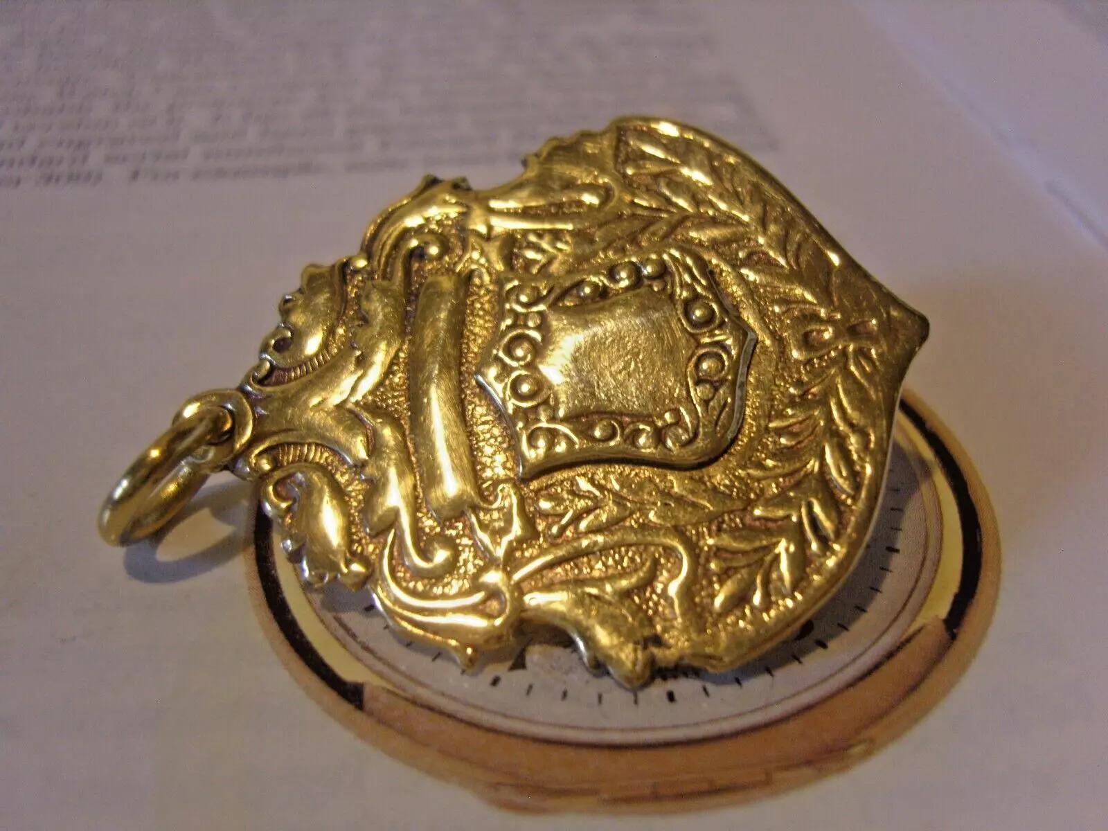 Victorian Pocket Watch Chain Fob 18ct Gold Plated Large Antique 1890 Shield Fob (1 of 5)