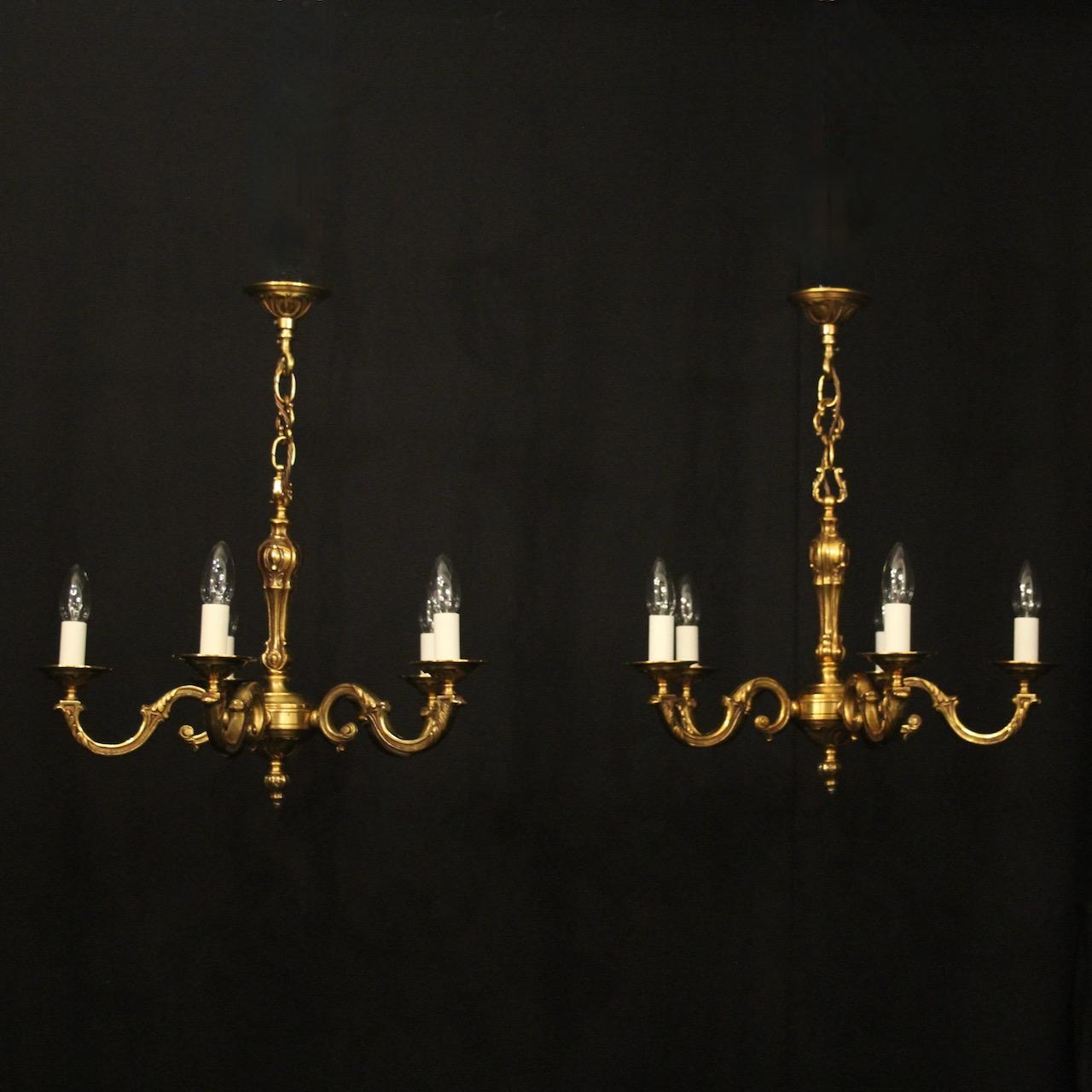 French Pair Gilded Bronze 5 Arm Chandeliers (1 of 10) French Pair Gilded Bronze 5 Arm Chandeliers (1 of 10)