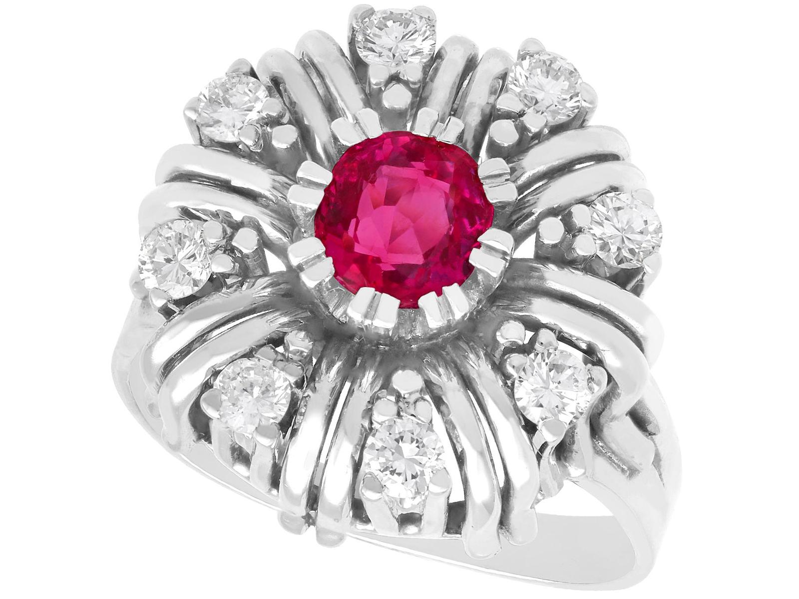 0.88ct Ruby and 0.40ct Diamond, 18ct White Gold Dress Ring - Vintage Circa 1950 (1 of 9)