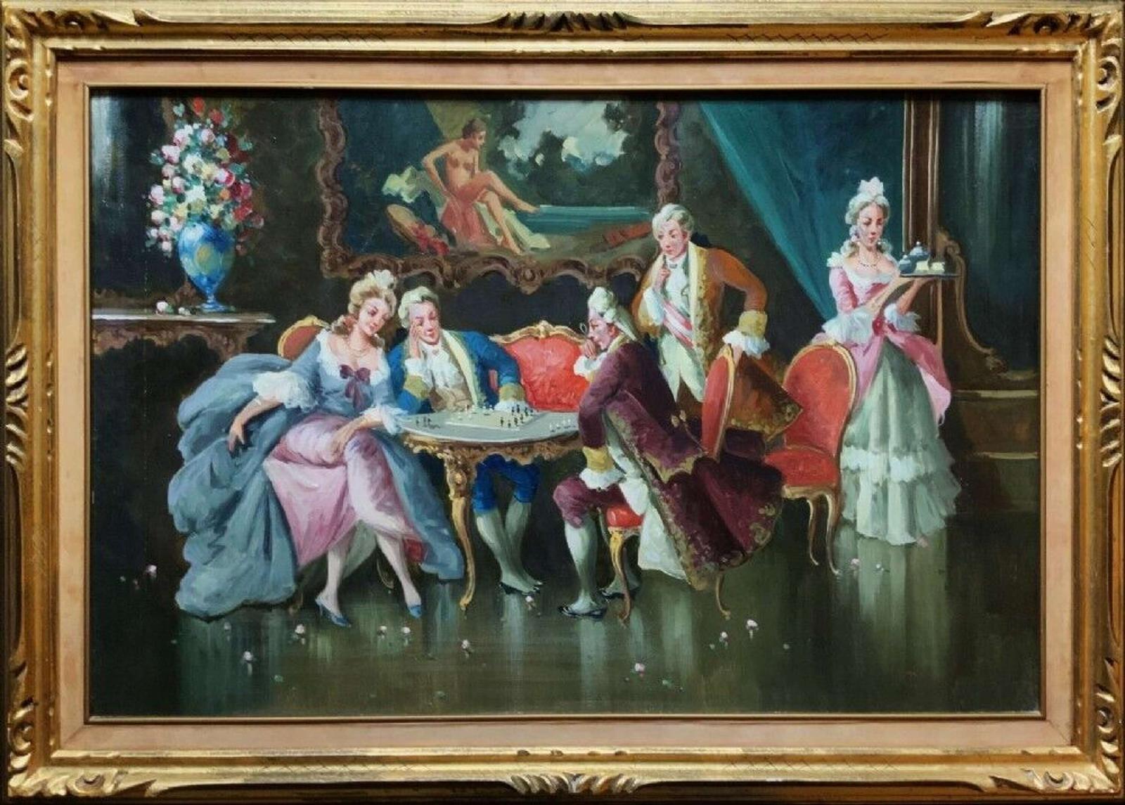 Figurative Genre Interior Oil Portrait Painting Scene of Courtiers Playing Chess Versailles Paris (1 of 23) Figurative Genre Interior Oil Portrait Painting Scene of Courtiers Playing Chess Versailles Paris (1 of 23)