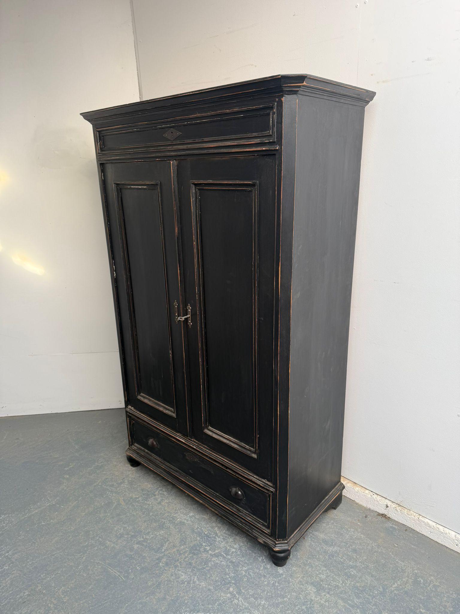 A Victorian Antique/old Pine Painted Black 2 Door 1 Drawer Child / Hall Wardrobe (1 of 10)