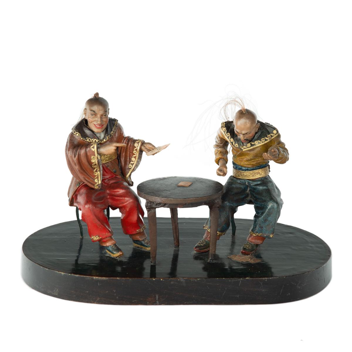 Rare Anglo-Chinese Regency Polychrome Painted Wax & Wood Group of Two Chinese Card Players (1 of 5)