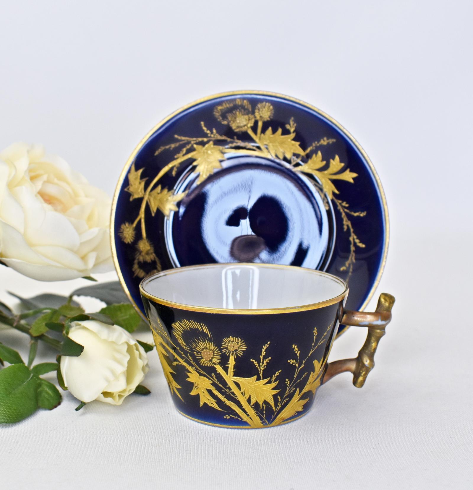 Antique Charles Field Haviland Limoges Cobalt & Raised Gilt Thistle Coffee Cup & Saucer (1 of 6) Antique Charles Field Haviland Limoges Cobalt & Raised Gilt Thistle Coffee Cup & Saucer (1 of 6)