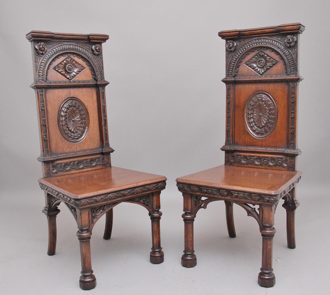 Near Pair of 19th Century Carved Oak Gothic Hall Chairs (1 of 12) Near Pair of 19th Century Carved Oak Gothic Hall Chairs (1 of 12)