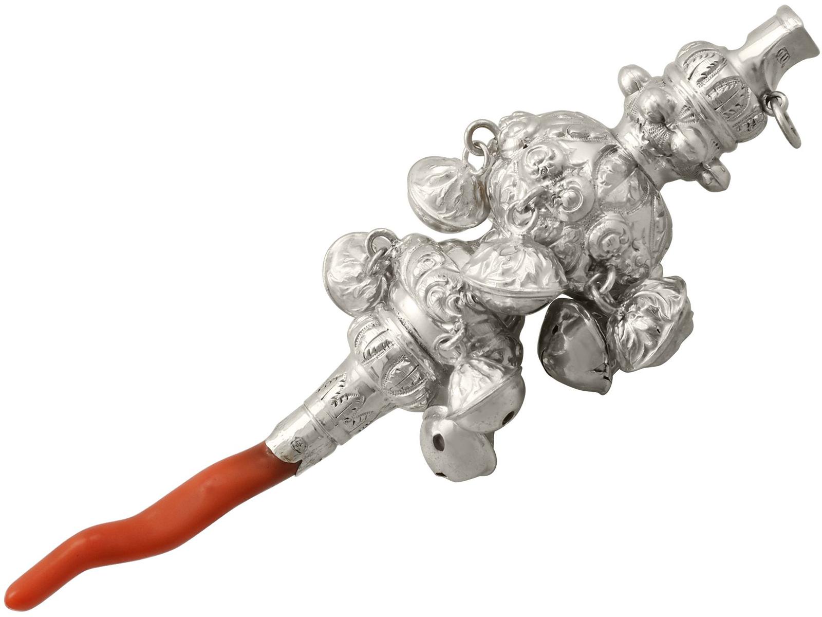 Antique Victorian Sterling Silver & Coral Combination Whistle + Rattle 1855 (1 of 13)