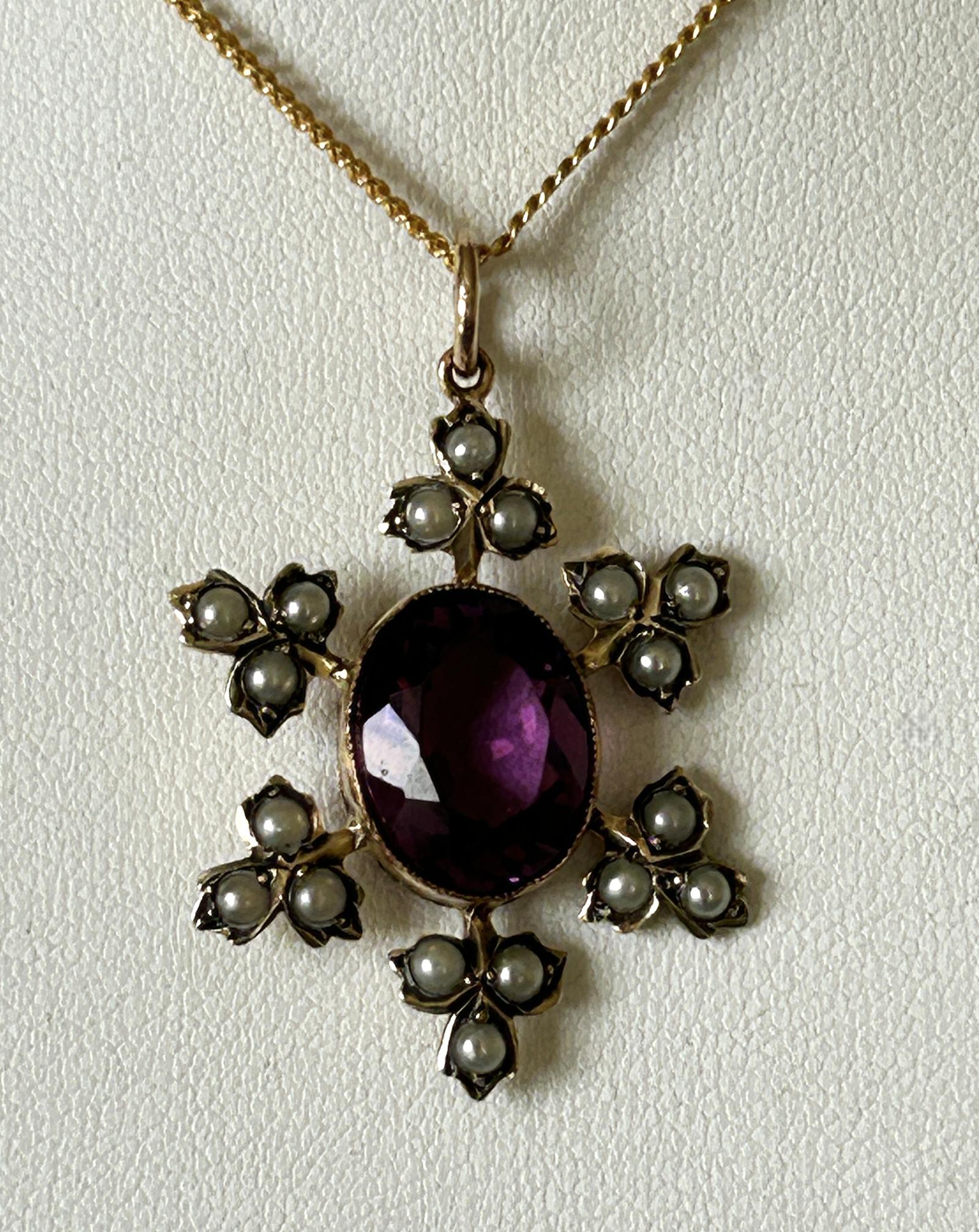 Edwardian Silver Gilt, Amethyst & Seed Pearl Pendant Necklace (1 of 8)