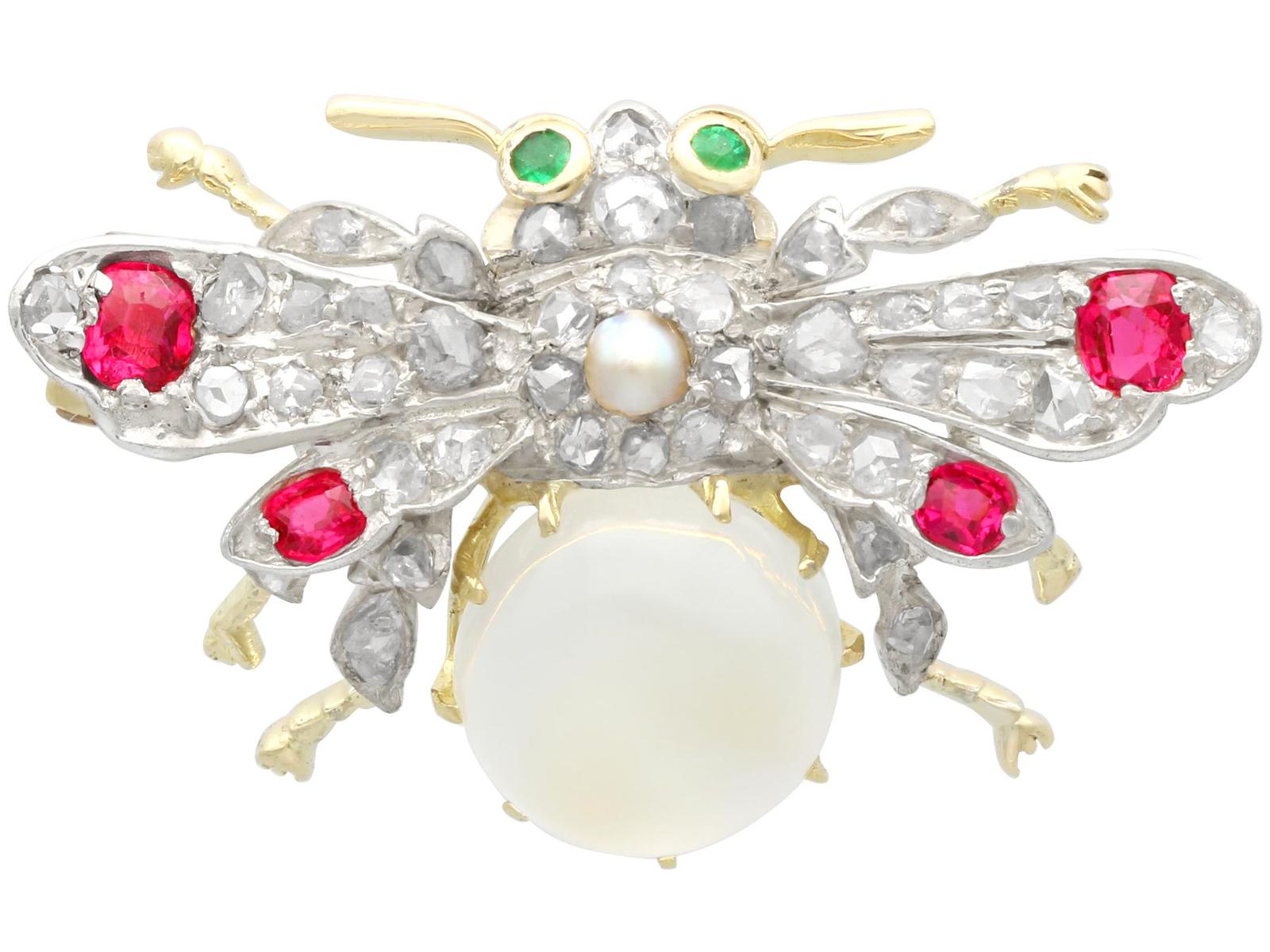Antique 3.10ct Moonstone, Ruby, Emerald, Diamond & Pearl, 12ct Yellow Gold Insect Brooch (1 of 9)