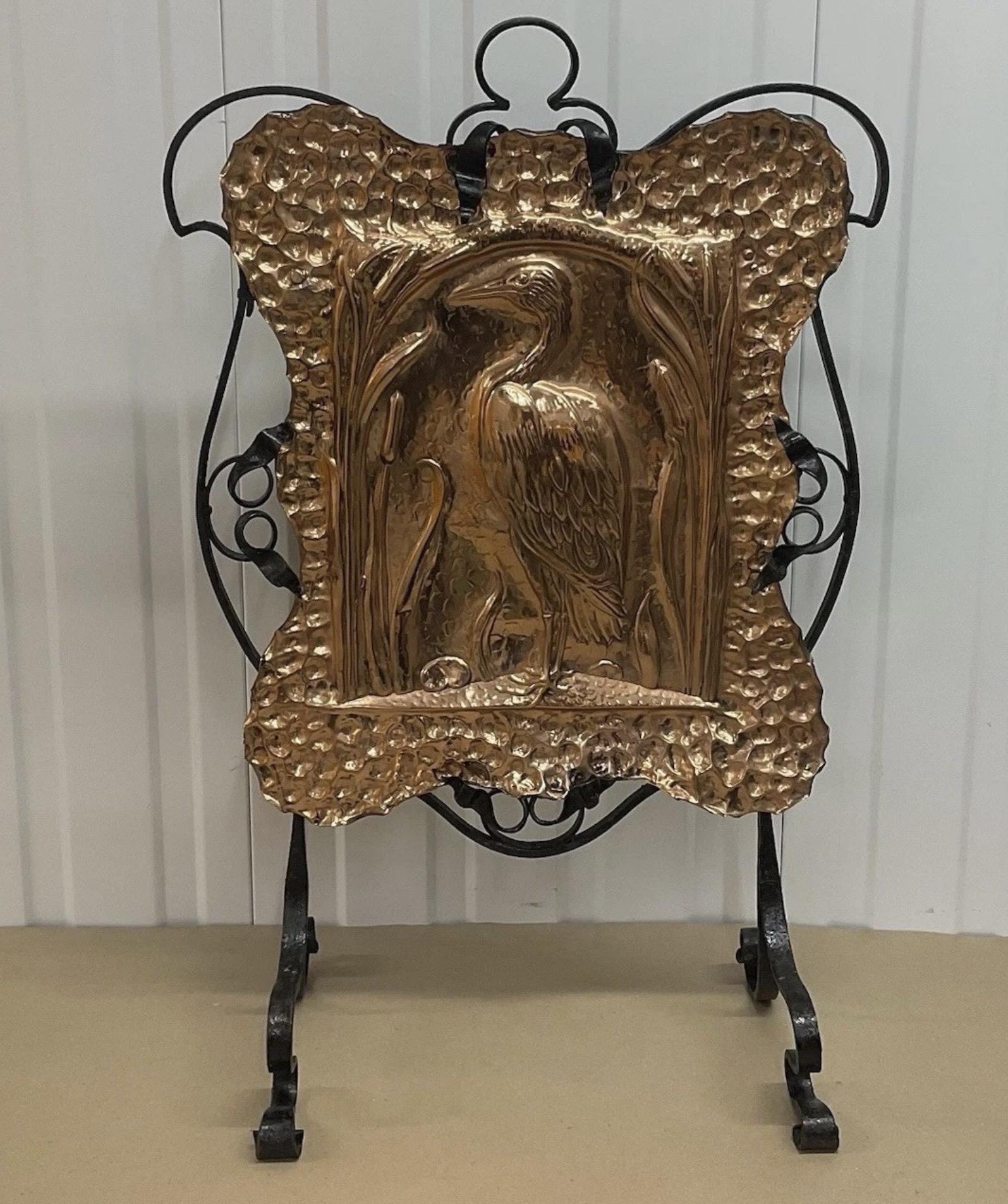 Arts & Crafts Repousse Copper + Wrought Iron Fire Screen of Heron in Pond - Victorian c.1880 (1 of 5) Arts & Crafts Repousse Copper + Wrought Iron Fire Screen of Heron in Pond - Victorian c.1880 (1 of 5)