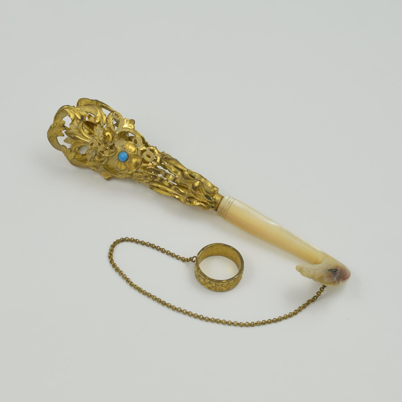 Beautiful French Gilt Ormolu Mother of Pearl & Turquoise Tussie Mussie / Nosegay / Posy Holder (1 of 13)