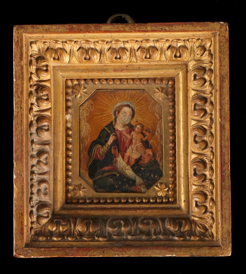 Antique 17th Century Italian Painting on Copper - Virgin of the Rosary & Saint Dominic (1 of 3)