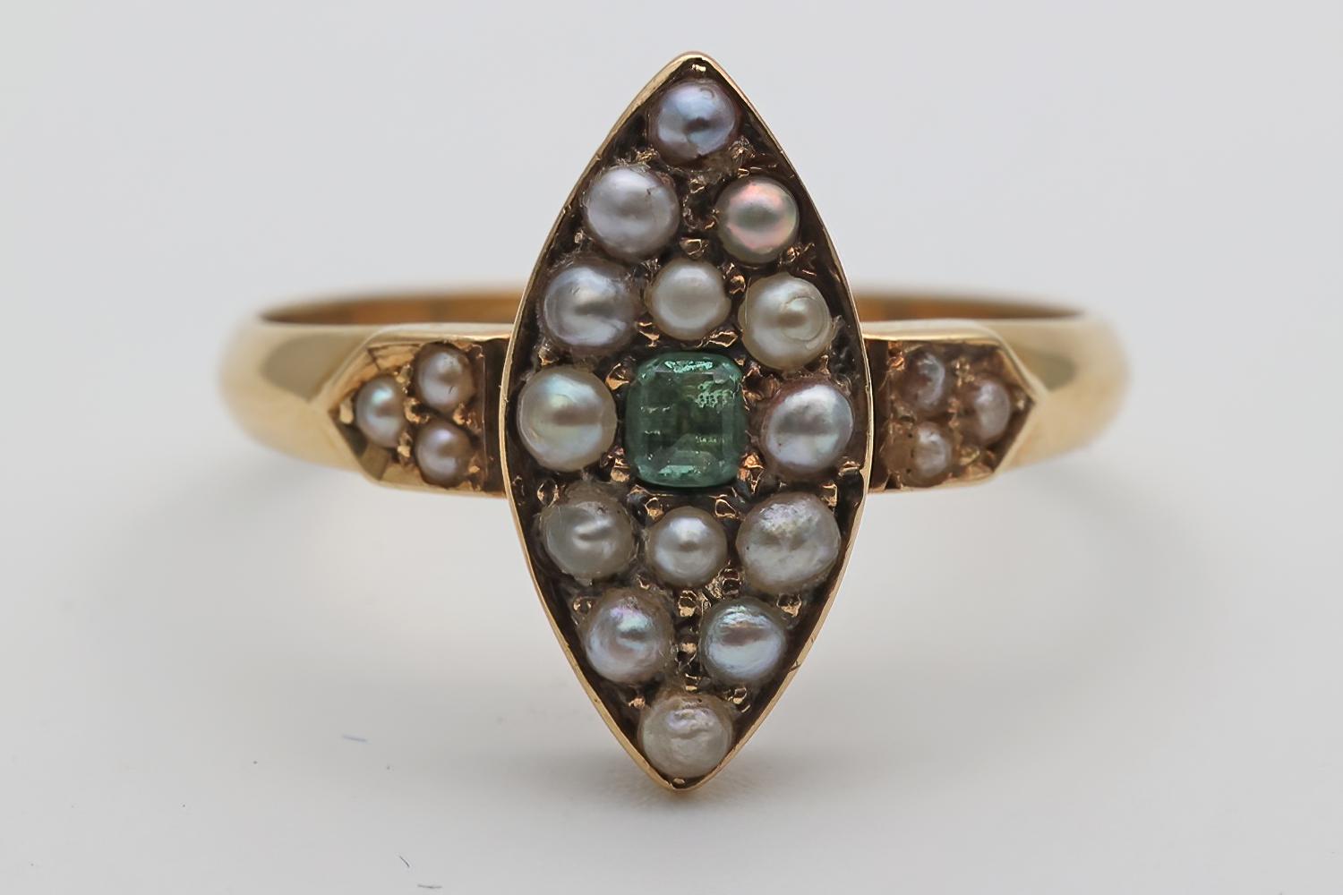 Early 20th Century Emerald & Split Pearl Marquise-shape Cluster Ring (1 of 3)