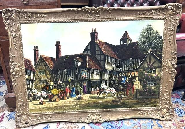 Gilt Framed Oil on Canvas Painting of a Tudor Street Scene, Signed by Artist Malcolm Gearing (1 of 2) Gilt Framed Oil on Canvas Painting of a Tudor Street Scene, Signed by Artist Malcolm Gearing (1 of 2)
