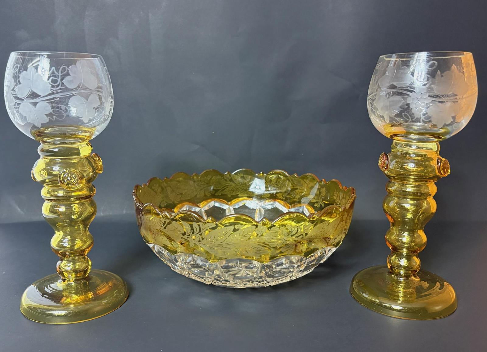 Honeycomb Glass Bowl with Pair of Roemer Type Wine Glasses (1 of 6) Honeycomb Glass Bowl with Pair of Roemer Type Wine Glasses (1 of 6)