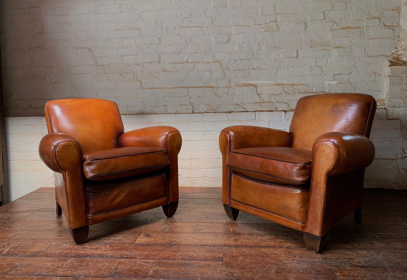 Fabulous Pair of French Leather Club Chairs - Havana Lounge Models c.1950 (1 of 12) Fabulous Pair of French Leather Club Chairs - Havana Lounge Models c.1950 (1 of 12)